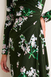 Painted Orchid Forest Green Floral Long Sleeve Midi Dress