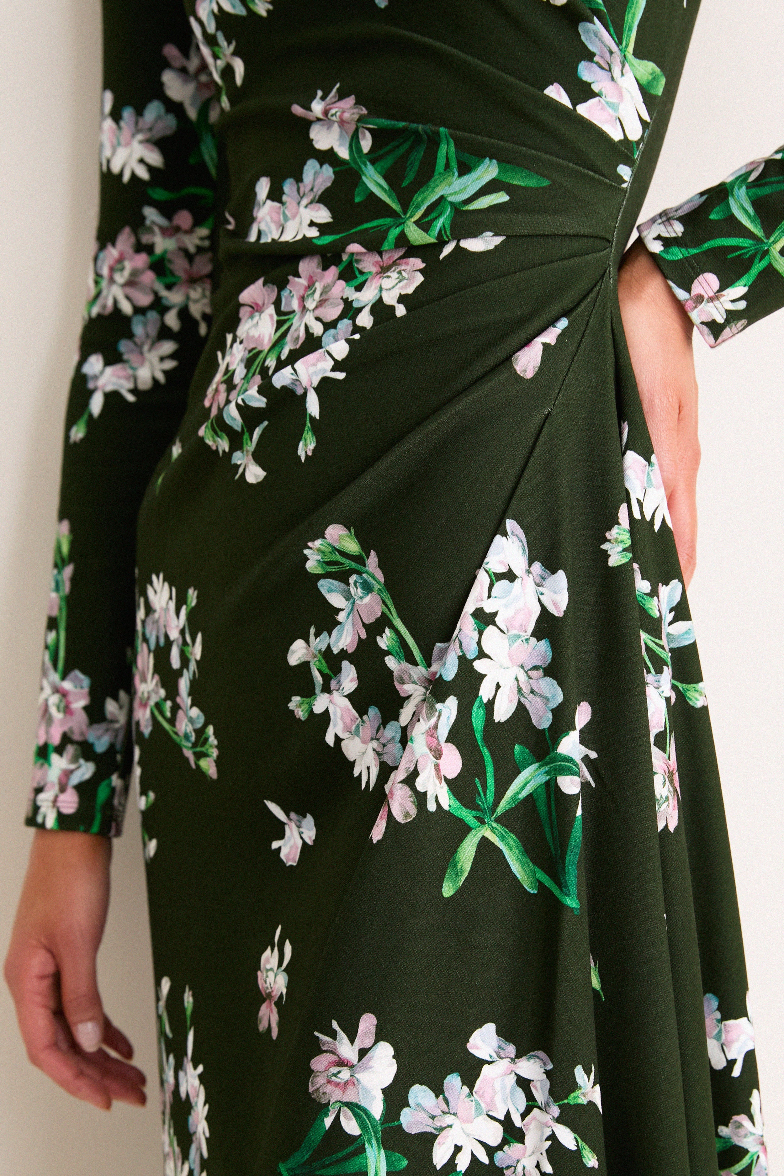 Painted Orchid Forest Green Floral Long Sleeve Midi Dress