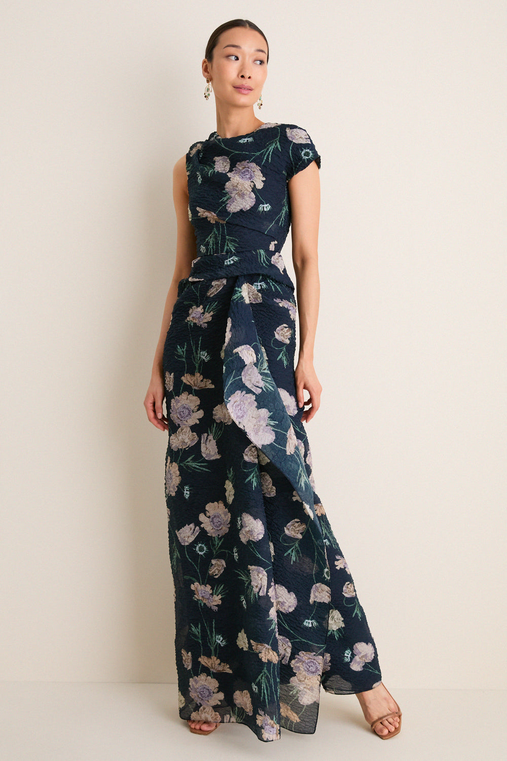 Belle Epoque Poppy Navy Floral Cloque Asymmetric Gown