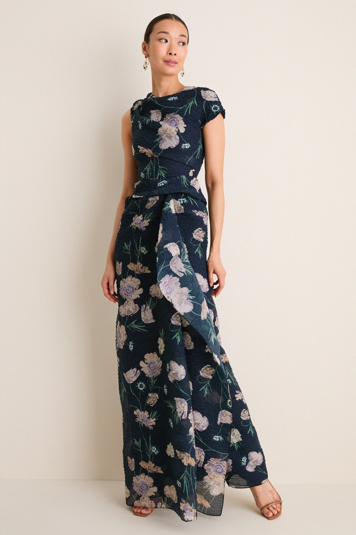 Belle Epoque Poppy Navy Floral Cloque Asymmetric Gown