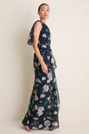 Belle Epoque Poppy Navy Floral Cloque Asymmetric Gown