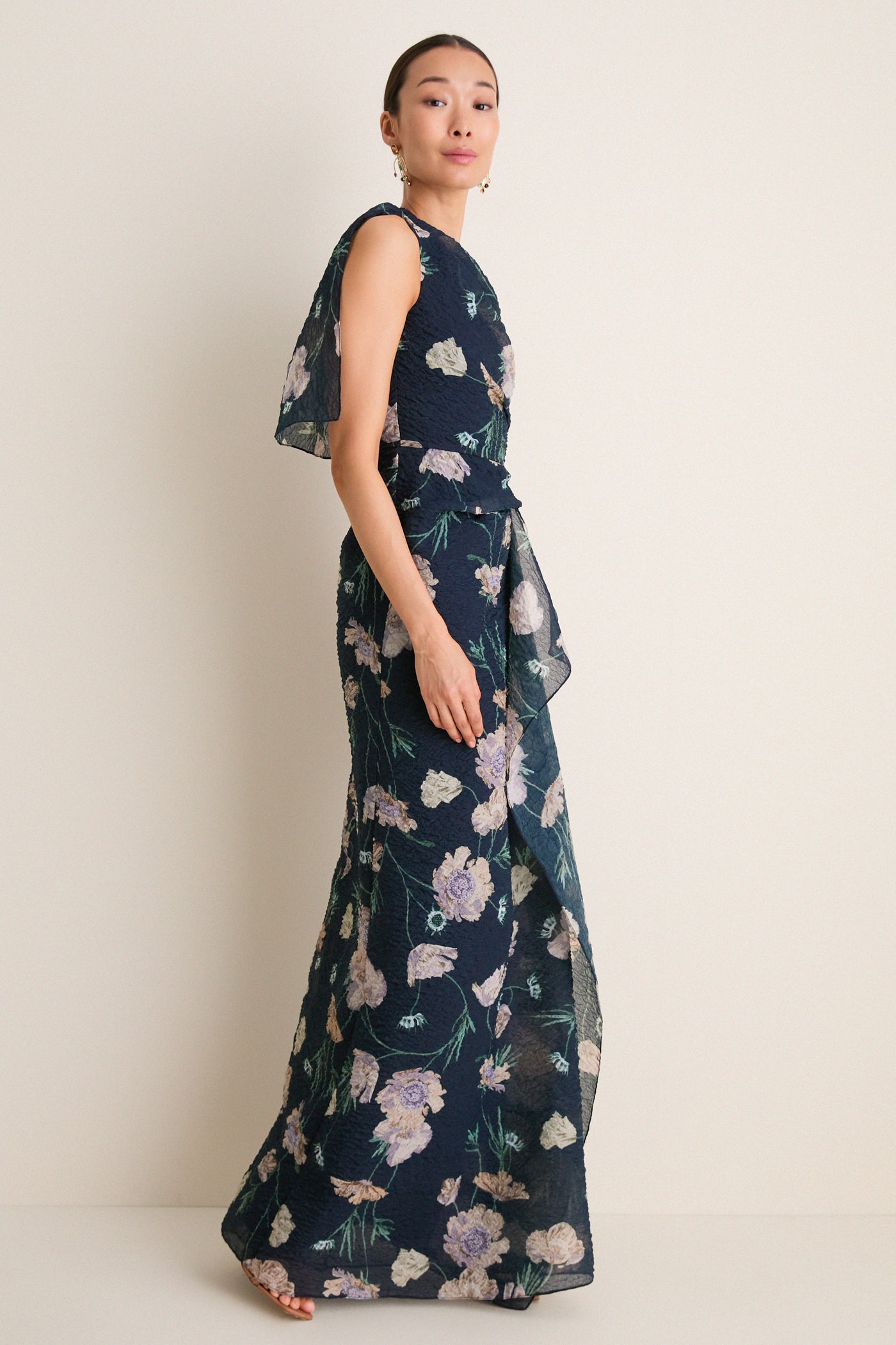 Belle Epoque Poppy Navy Floral Cloque Asymmetric Gown