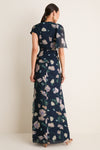 Belle Epoque Poppy Navy Floral Cloque Asymmetric Gown