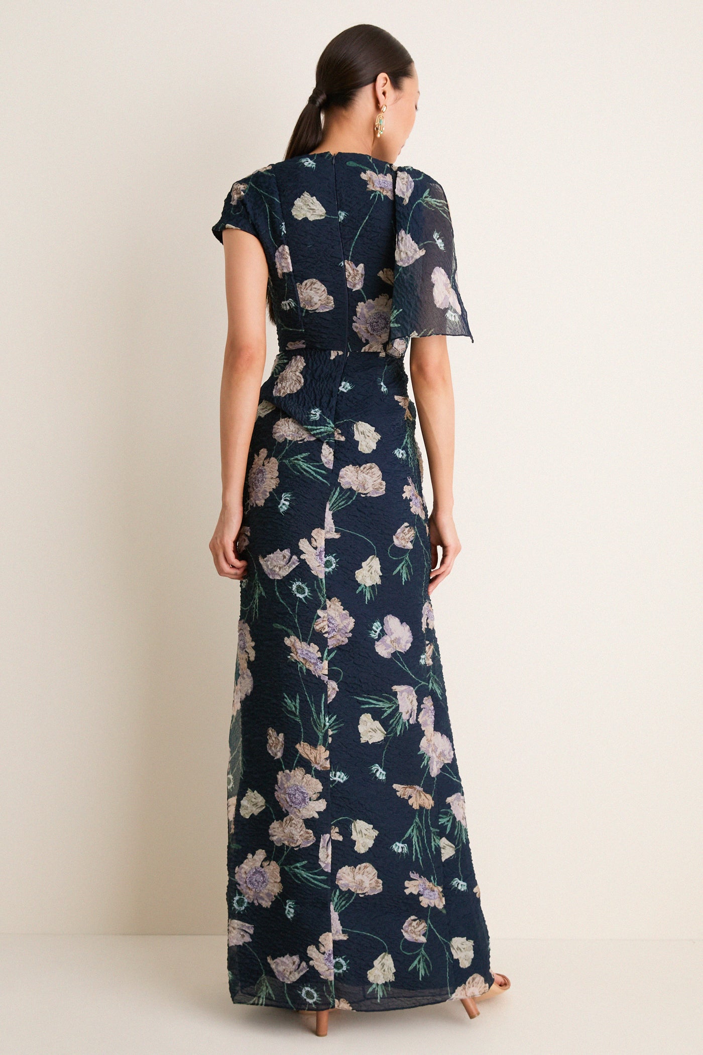 Belle Epoque Poppy Navy Floral Cloque Asymmetric Gown