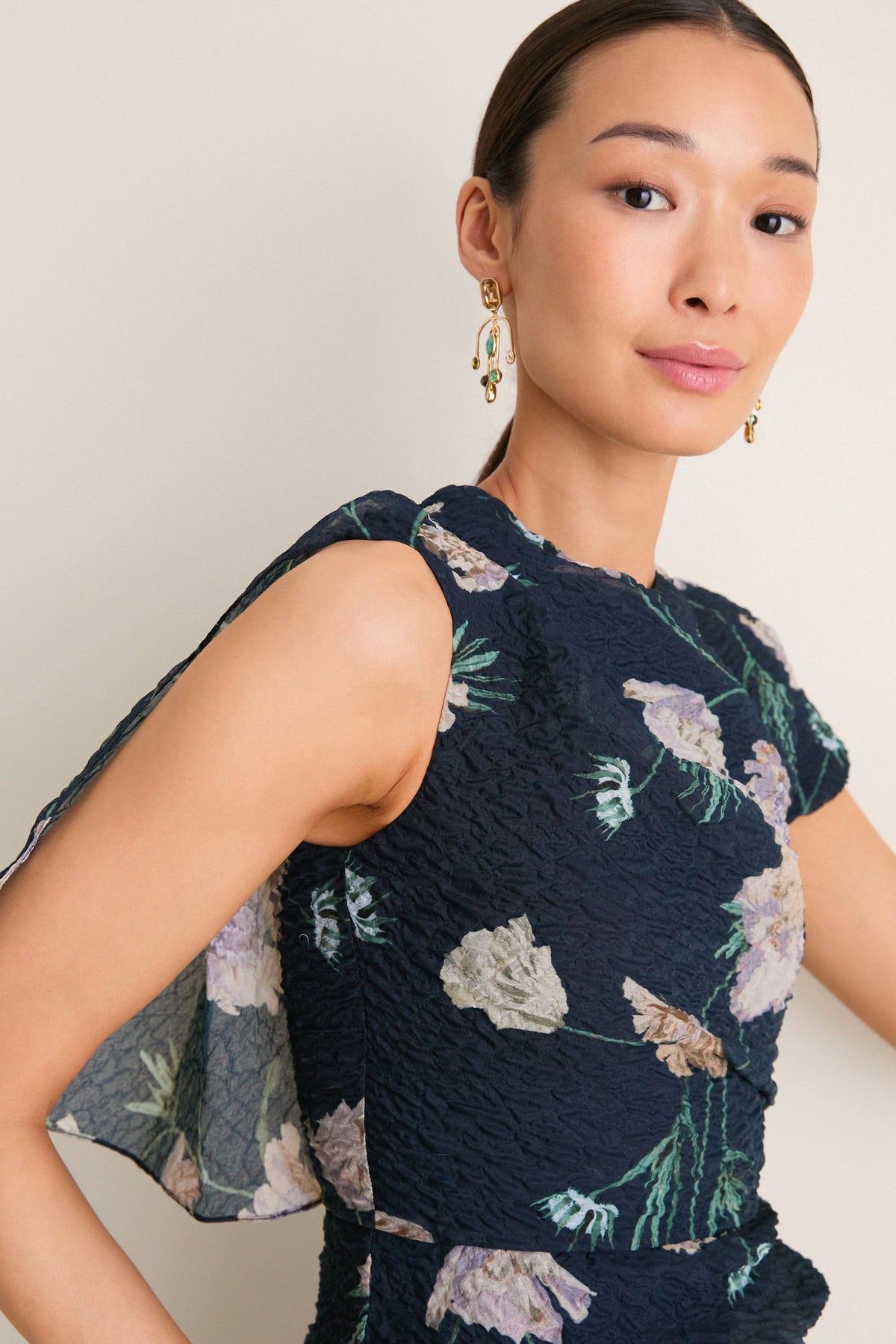 Belle Epoque Poppy Navy Floral Cloque Asymmetric Gown