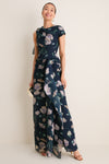 Belle Epoque Poppy Navy Floral Cloque Asymmetric Gown