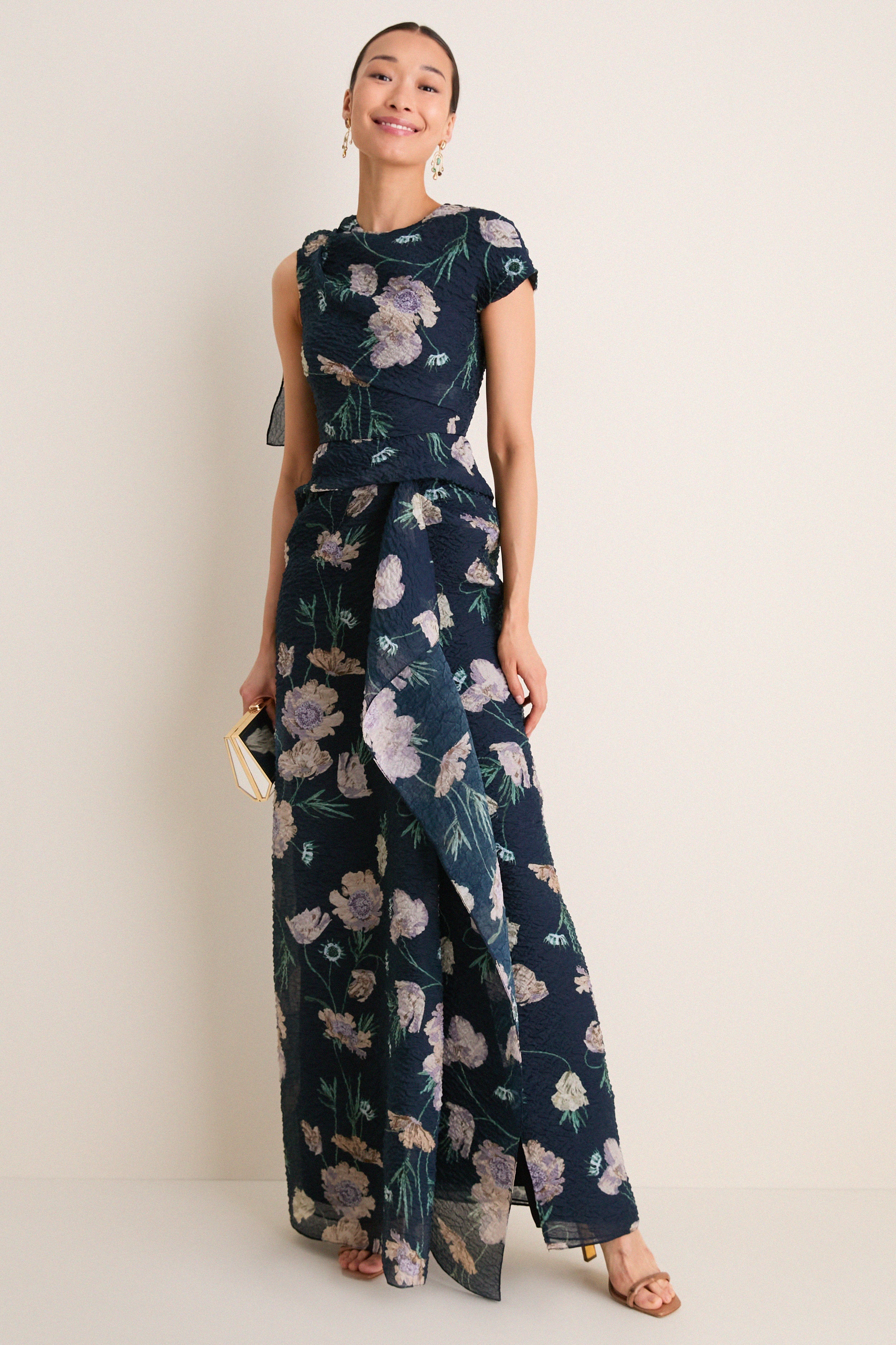 Belle Epoque Poppy Navy Floral Cloque Asymmetric Gown