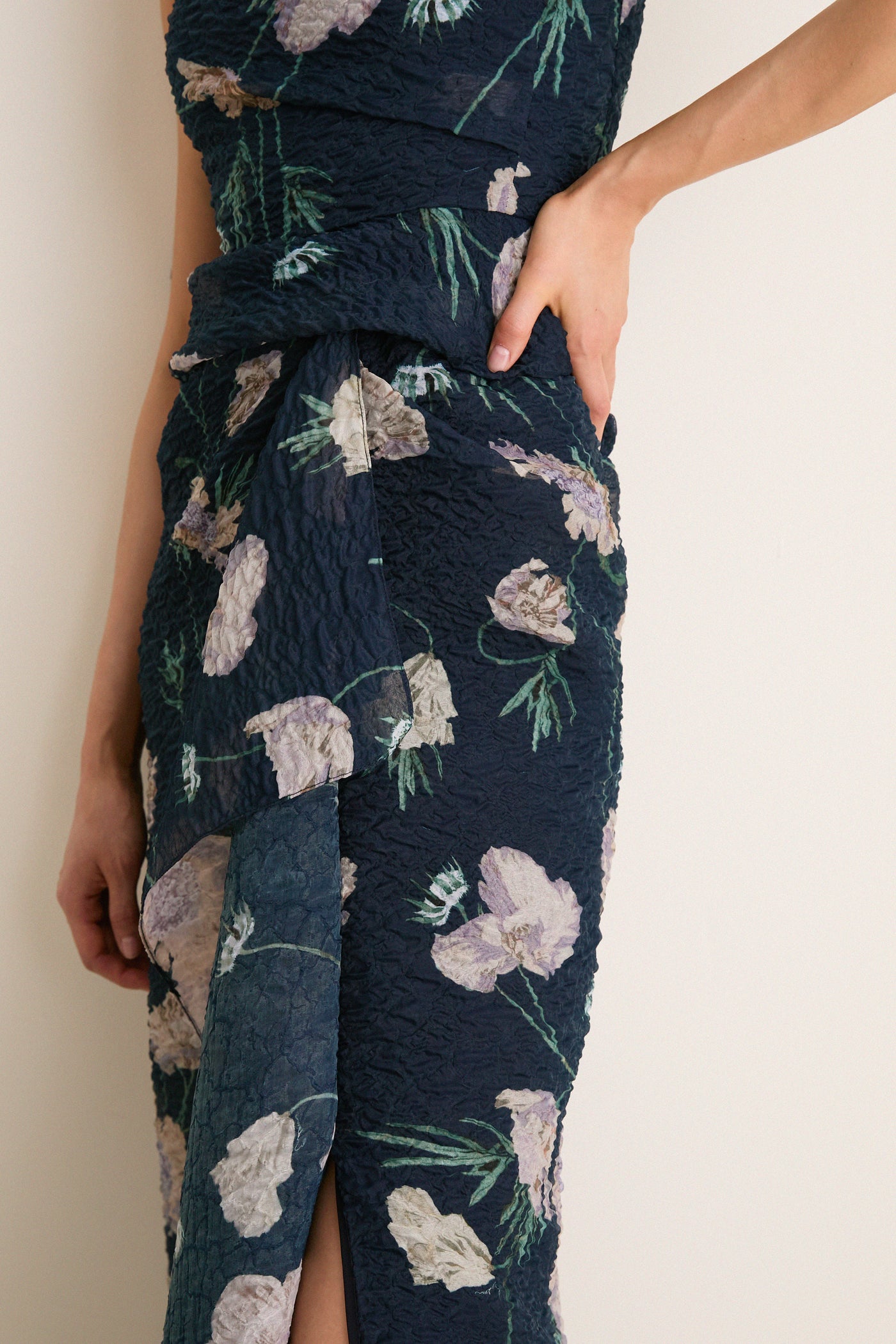 Belle Epoque Poppy Navy Floral Cloque Asymmetric Gown