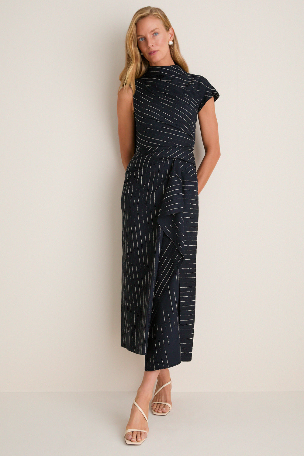 ERDEM Dark Navy Stripe Tailoring Draped Midi Dress Dark Navy / 6