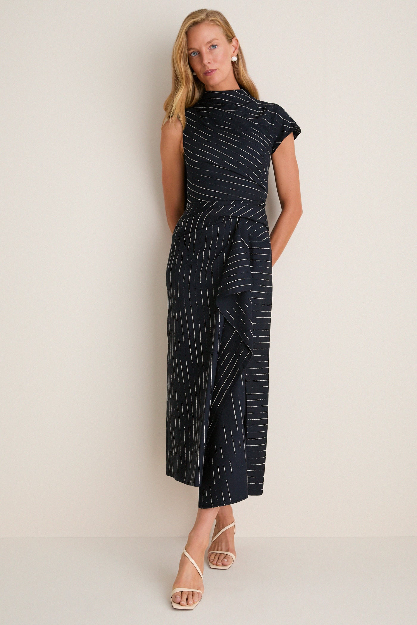 Dark Navy Stripe Tailoring Draped Midi Dress