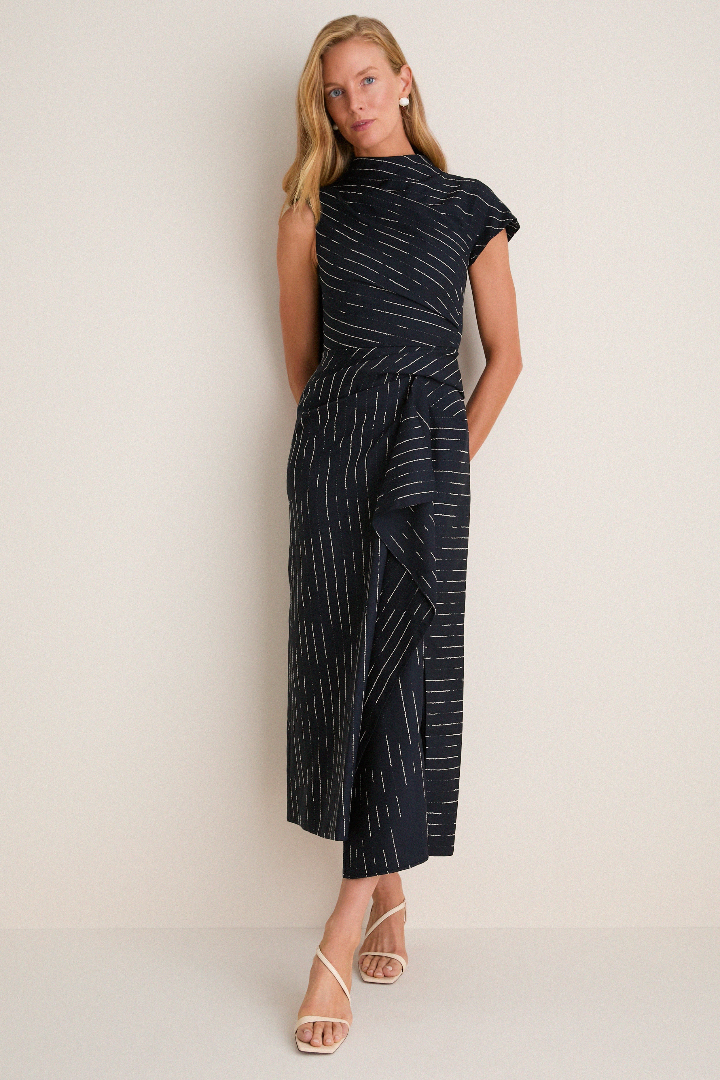 Dark Navy Stripe Tailoring Draped Midi Dress
