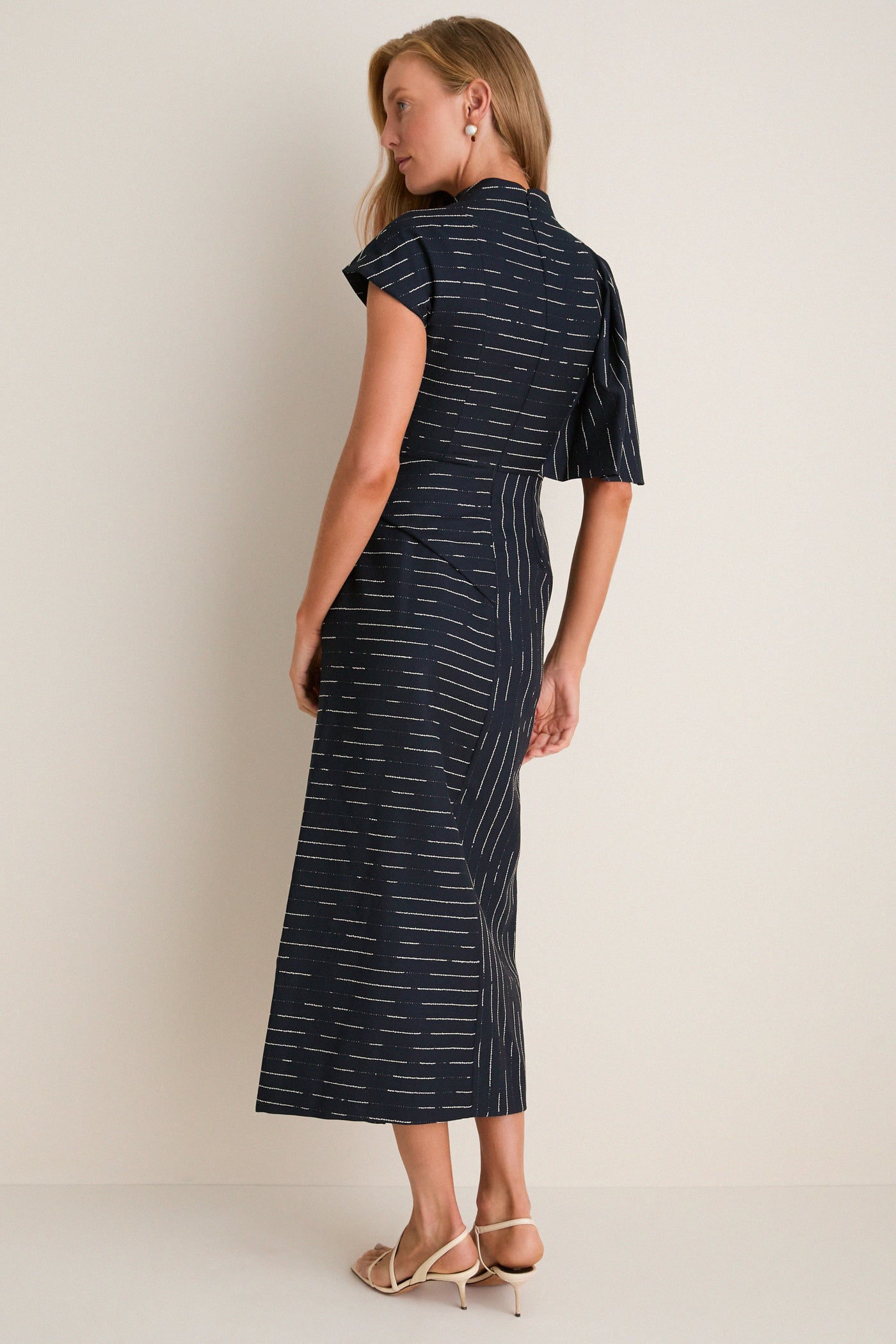 Dark Navy Stripe Tailoring Draped Midi Dress