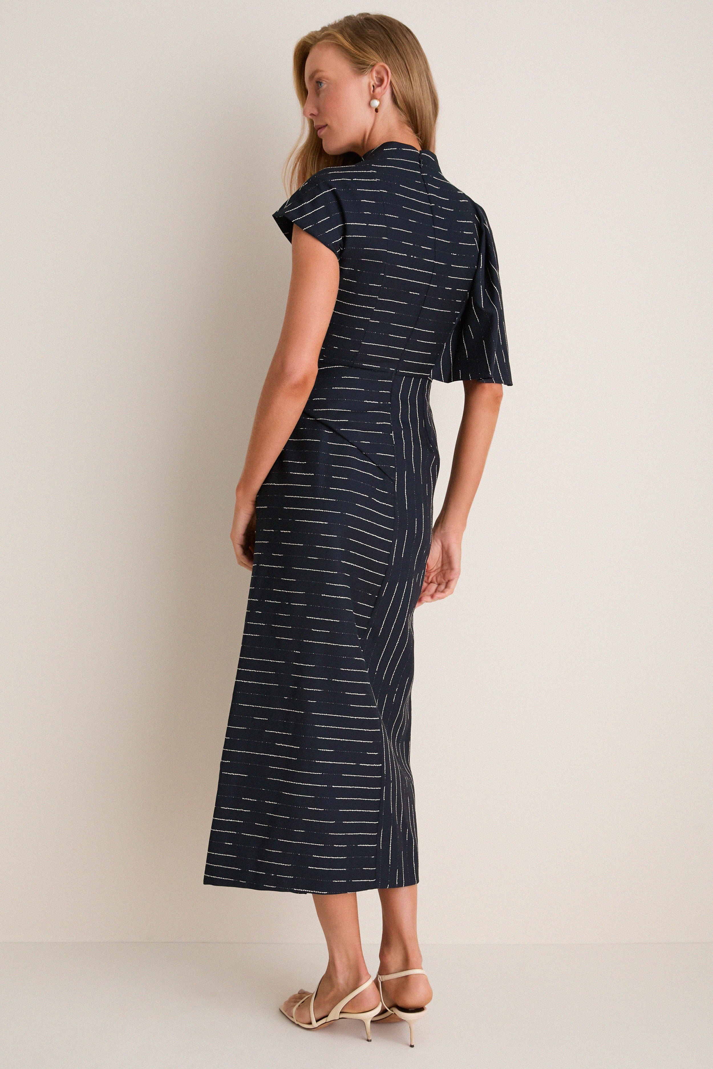 Dark Navy Stripe Tailoring Draped Midi Dress