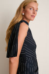 Dark Navy Stripe Tailoring Draped Midi Dress