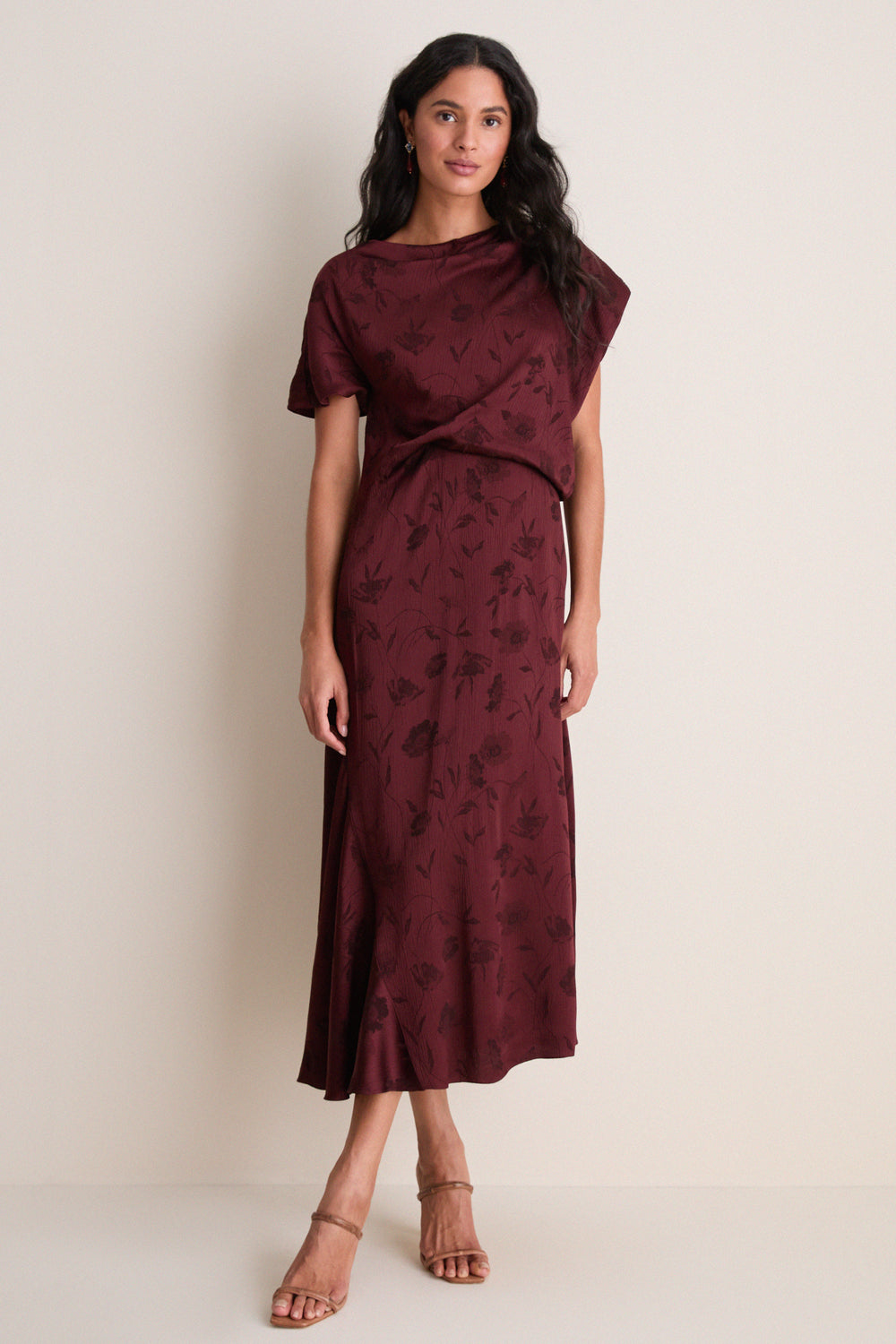 Bordeaux Floral Creponne Jacquard Midi Dress
