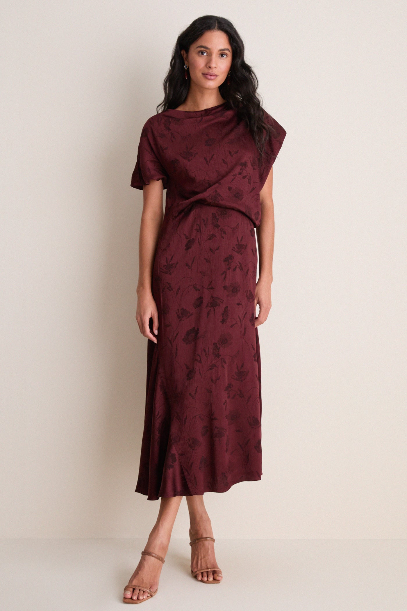 Bordeaux Floral Creponne Jacquard Midi Dress