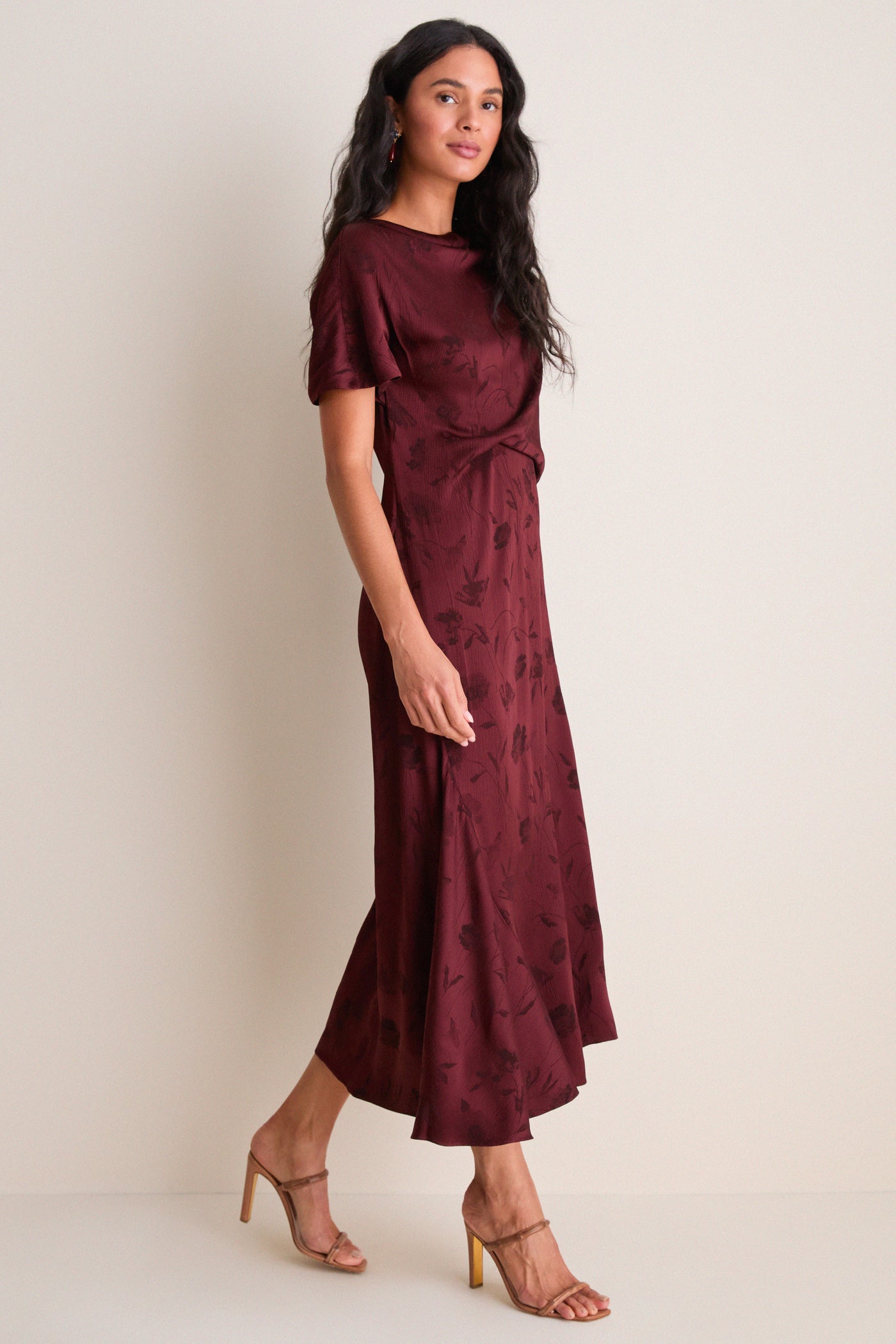 Bordeaux Floral Creponne Jacquard Midi Dress