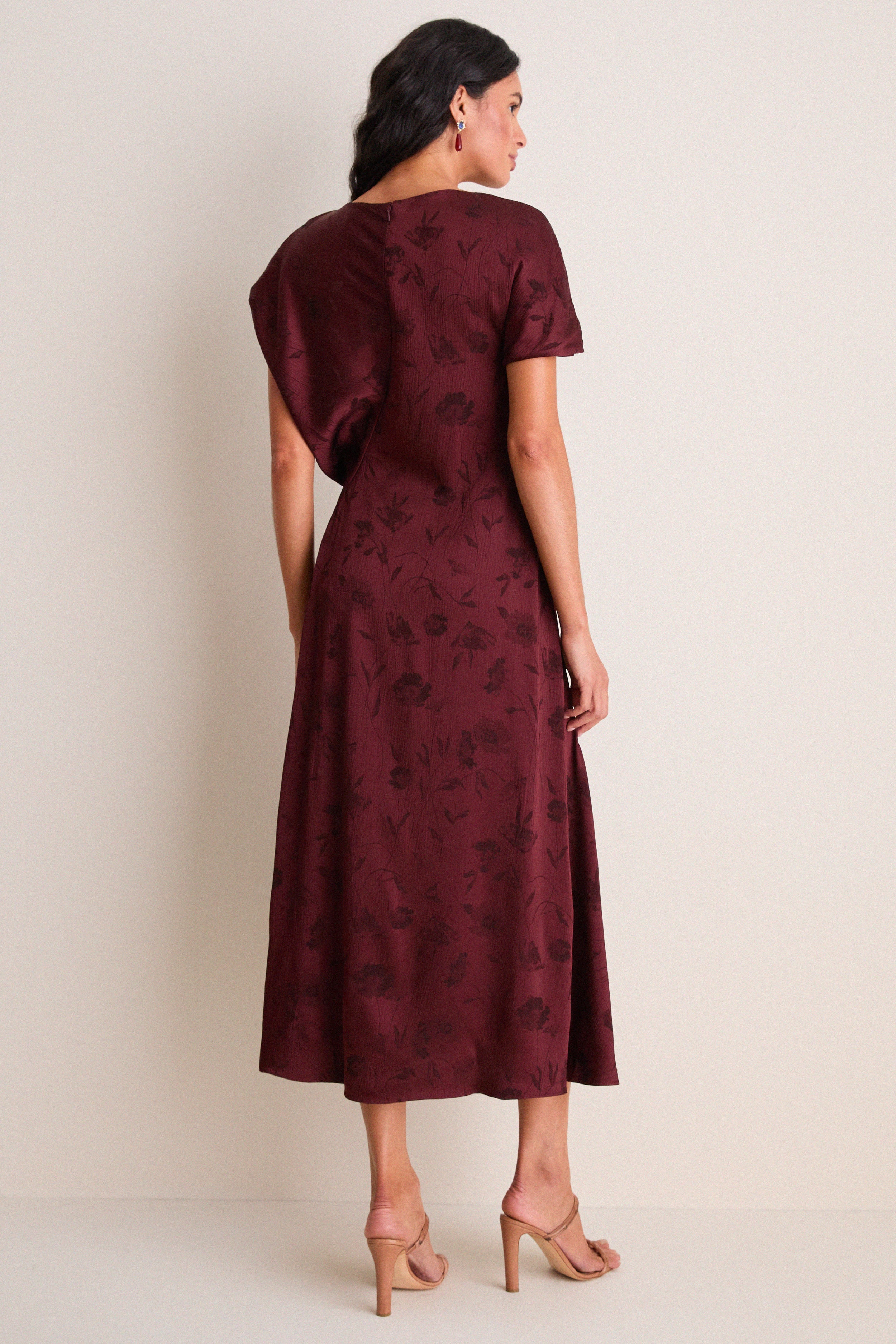 Bordeaux Floral Creponne Jacquard Midi Dress