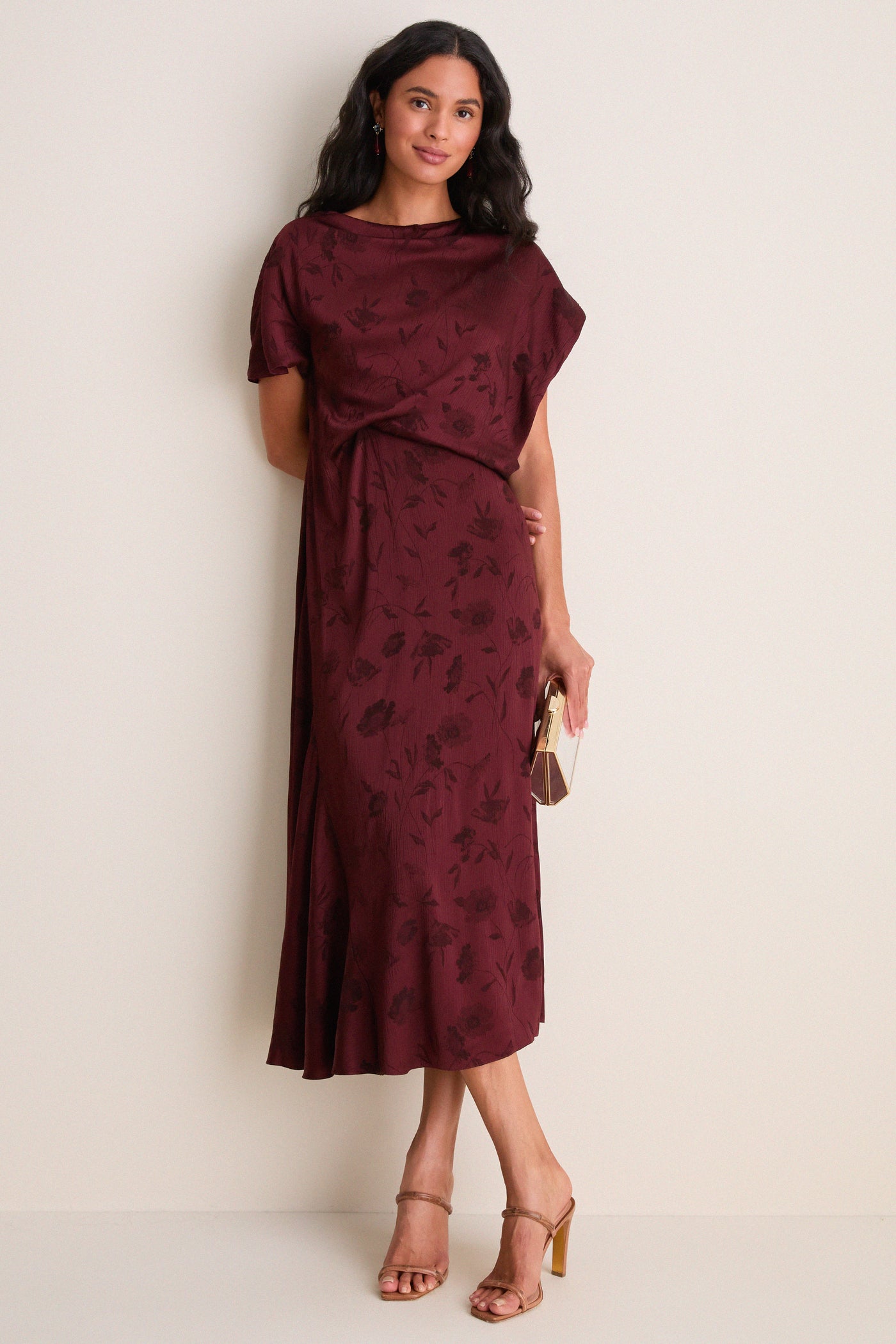 Bordeaux Floral Creponne Jacquard Midi Dress