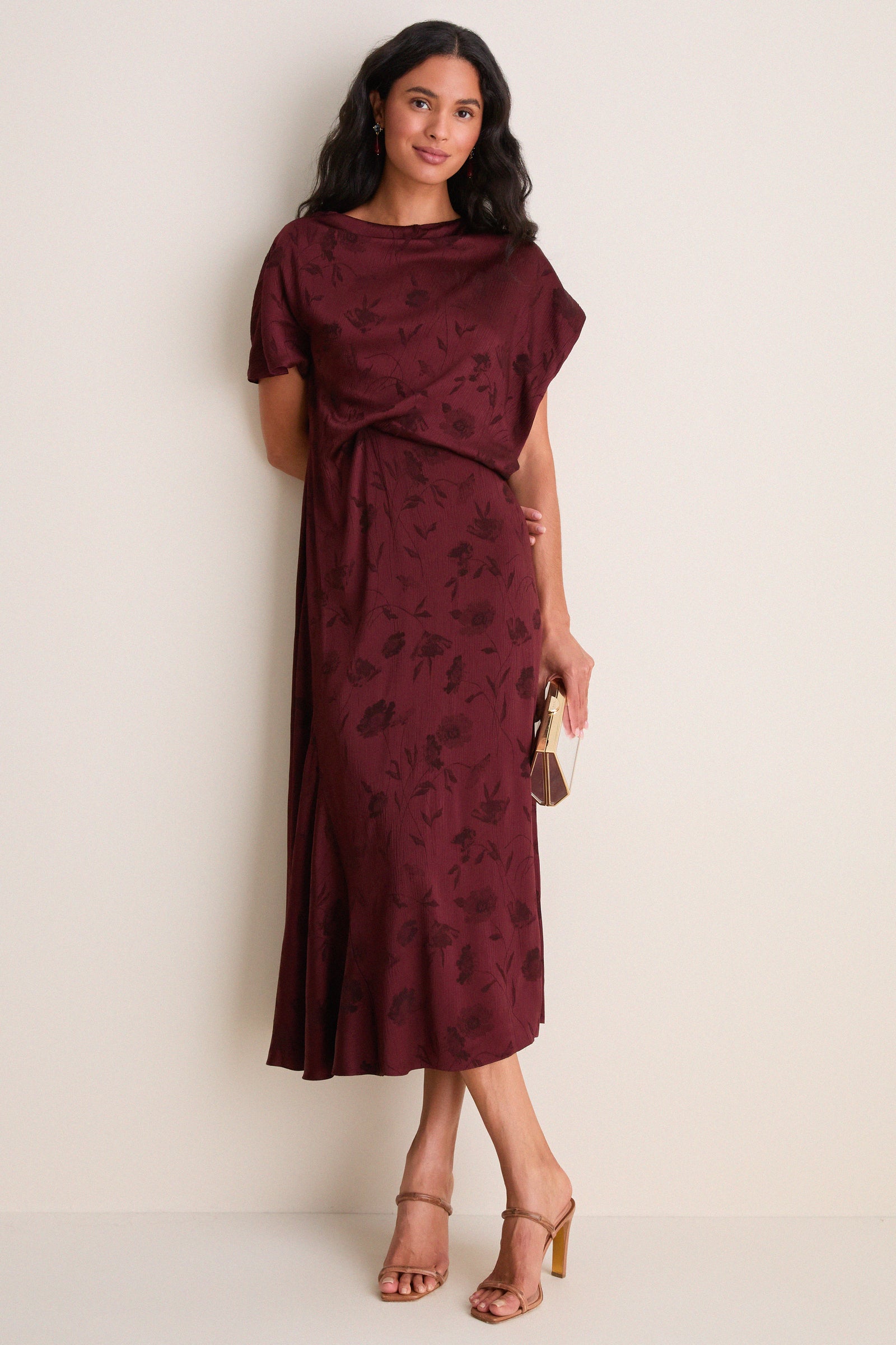 Bordeaux Floral Creponne Jacquard Midi Dress