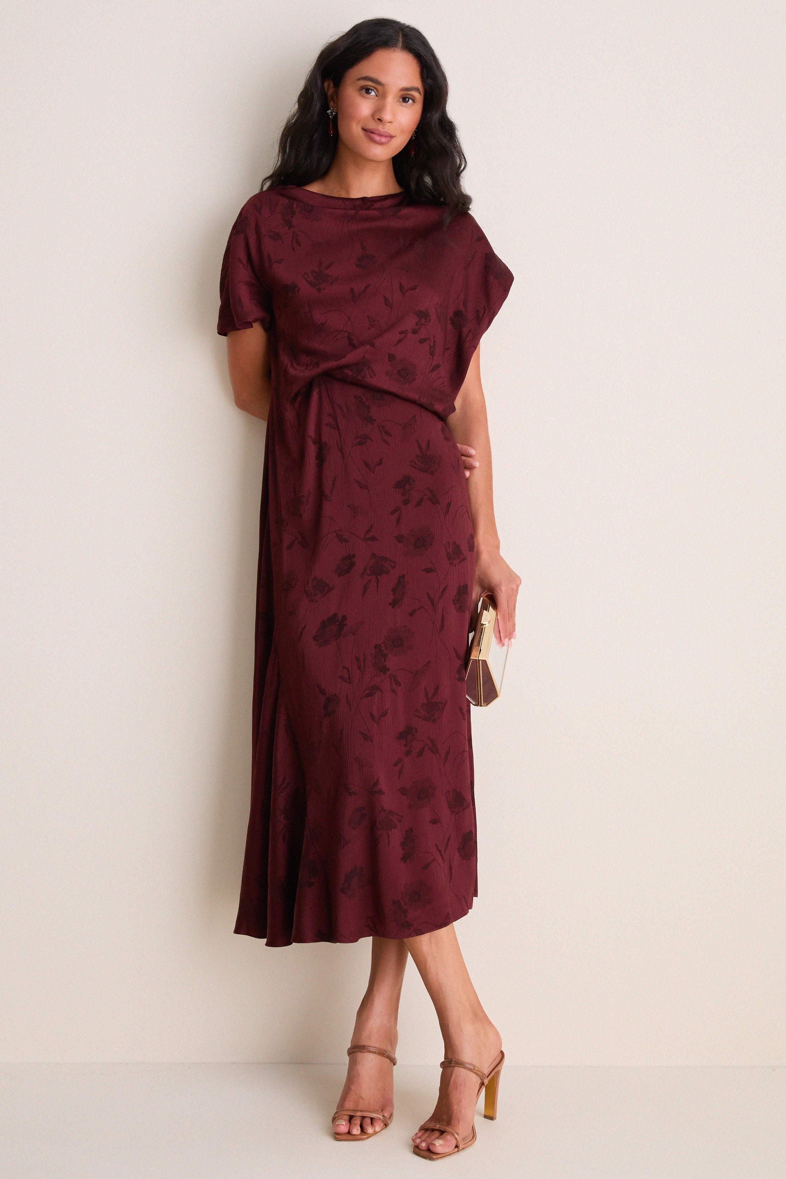 Bordeaux Floral Creponne Jacquard Midi Dress