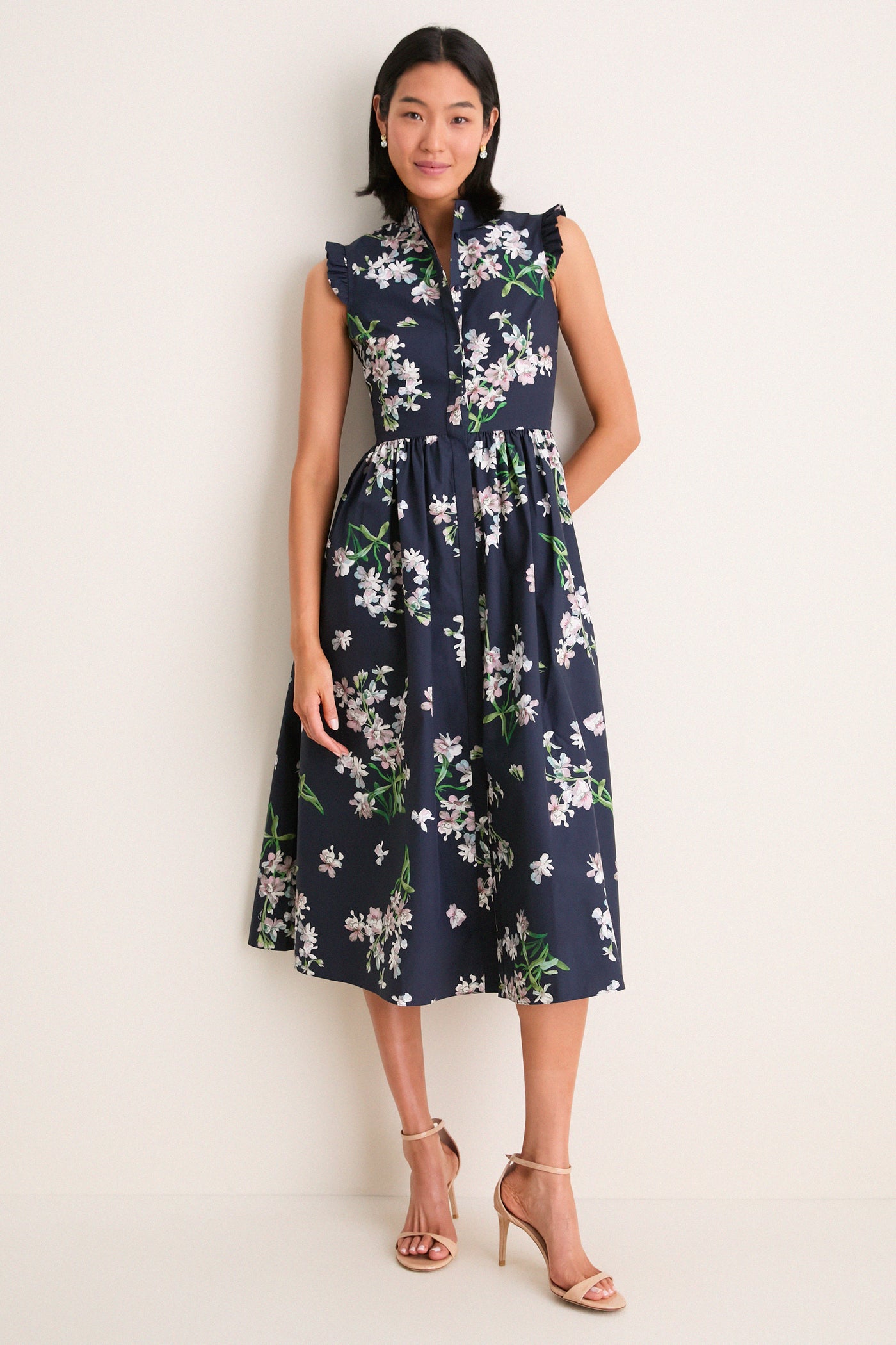 Painted Orchid Navy Floral Cotton Sleeveless Midi Dress