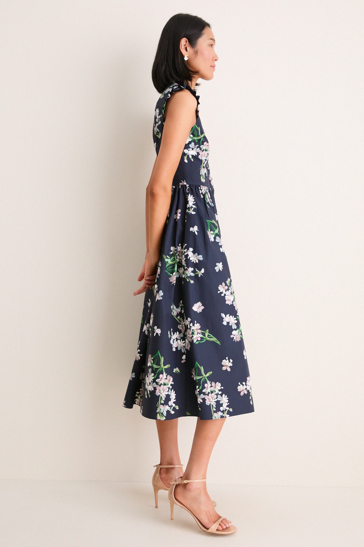 Painted Orchid Navy Floral Cotton Sleeveless Midi Dress