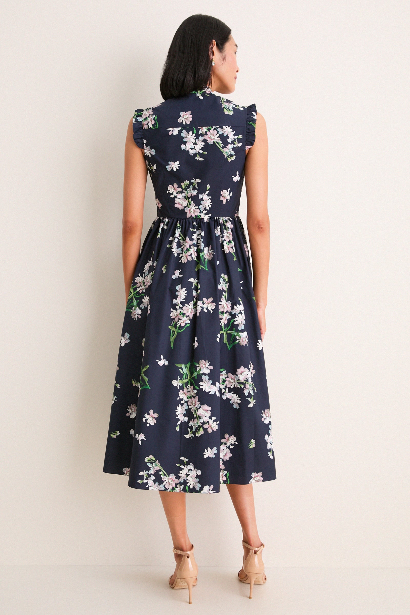 Painted Orchid Navy Floral Cotton Sleeveless Midi Dress
