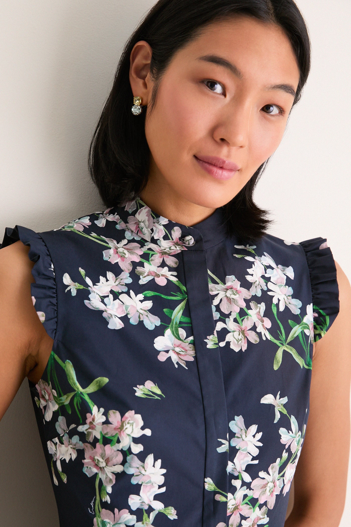 Painted Orchid Navy Floral Cotton Sleeveless Midi Dress