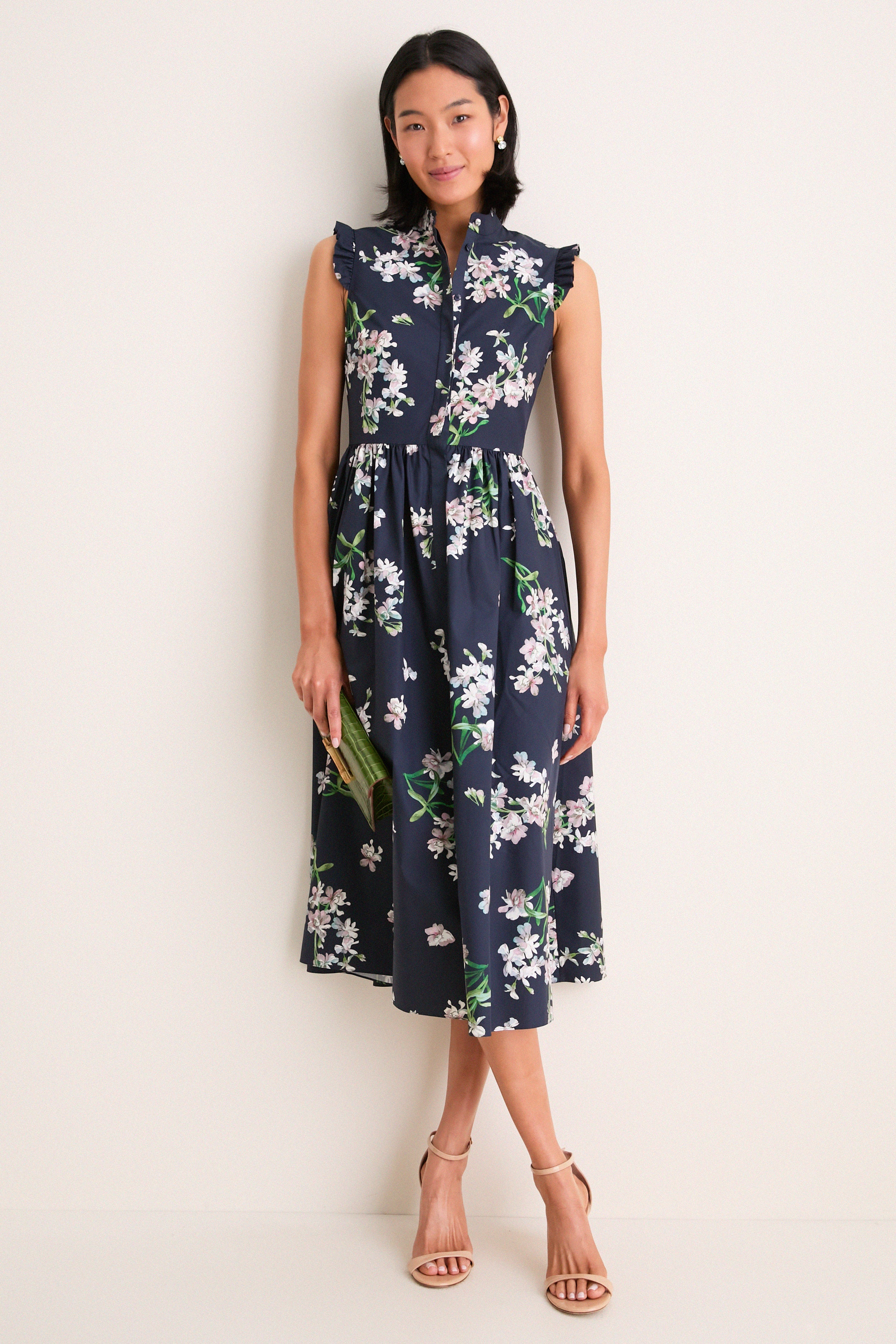 Painted Orchid Navy Floral Cotton Sleeveless Midi Dress