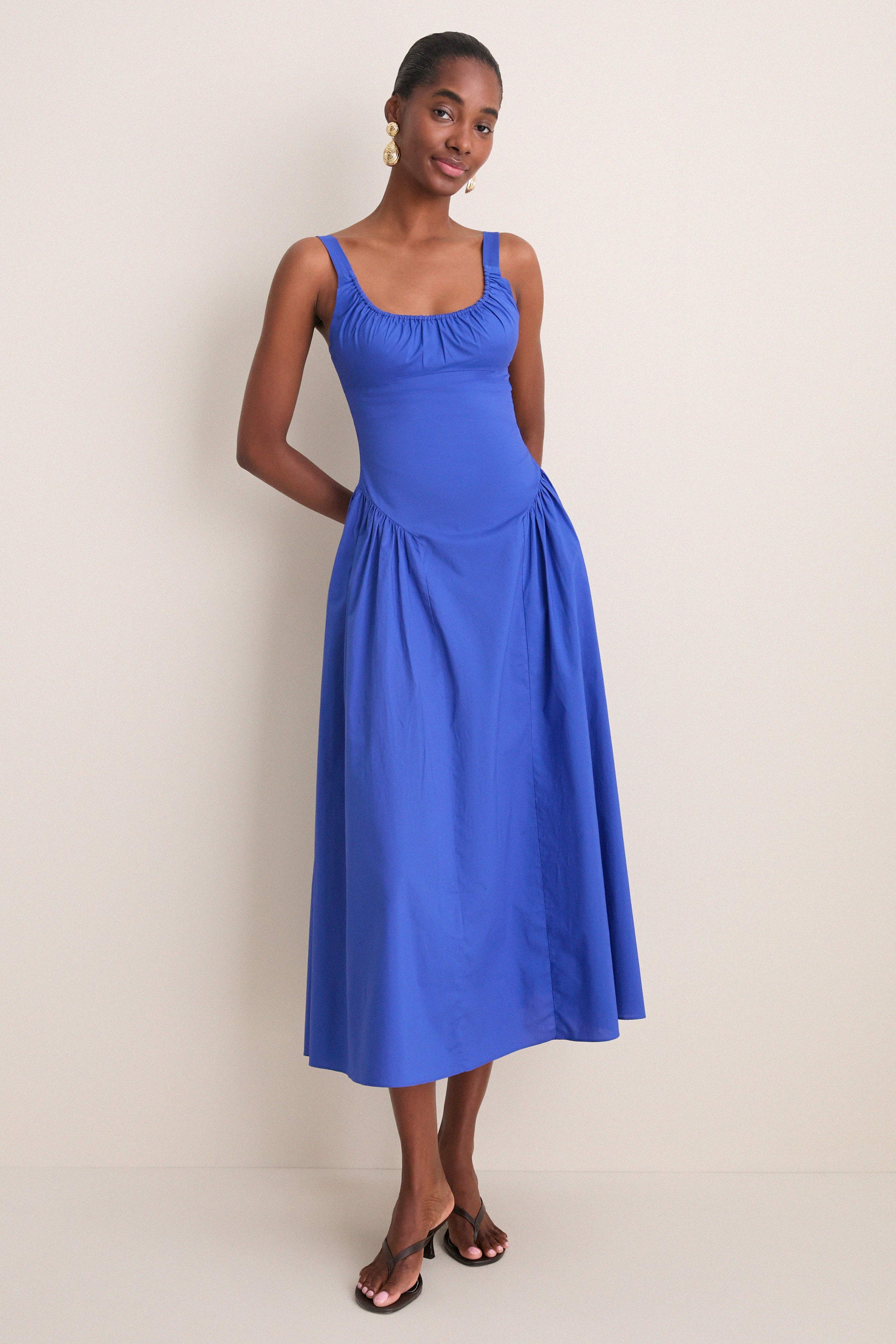 cobalt blue midi dress Pointelle with Frill Detail M / Cobalt Blue Buy Now Pay Later With Klarna Vesper bengaline sleeveless square neck