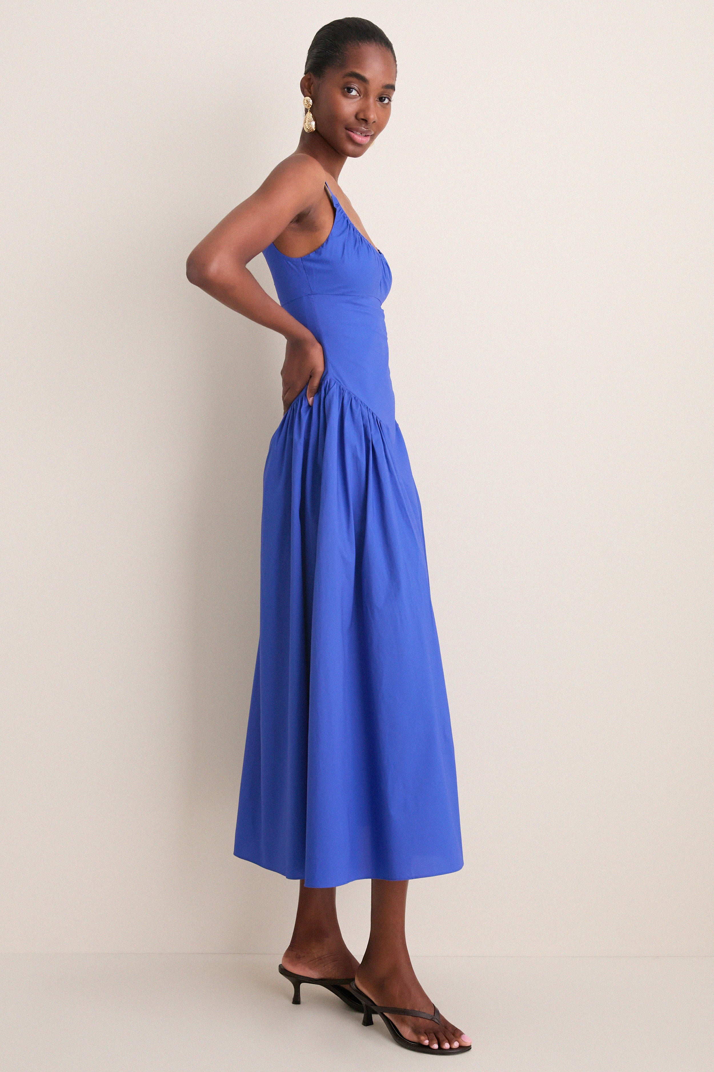 cobalt blue summer dress Embroidered flower bud Canstoregirls rooftop parties Cobalt Blue Midi Dress -