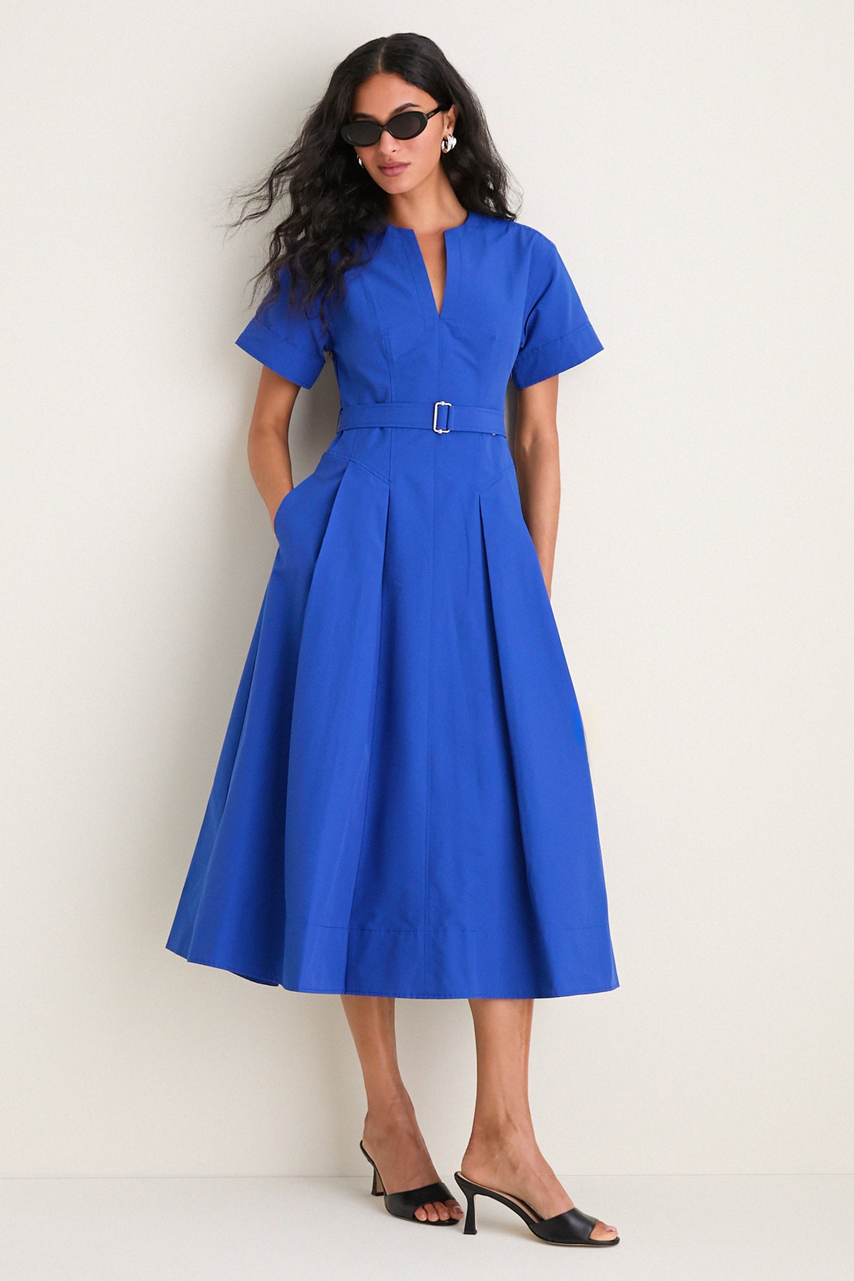 midi cotton dress with sleeves Anne Klein Embroidered - Blue Style# PF260150 Pair with our Colette Pump to complete the look. Alexa Cotton Midi Shirt Dress