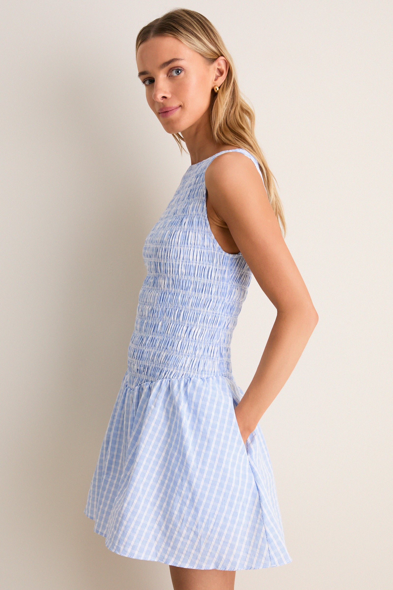 Light Blue and White Paloma Check Martina Mini Dress