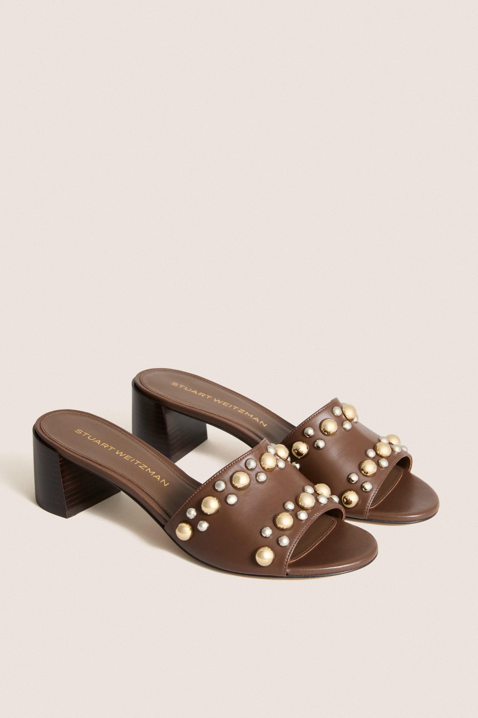 Cigar Smooth Calf Studded Perry Slide 50 Heels