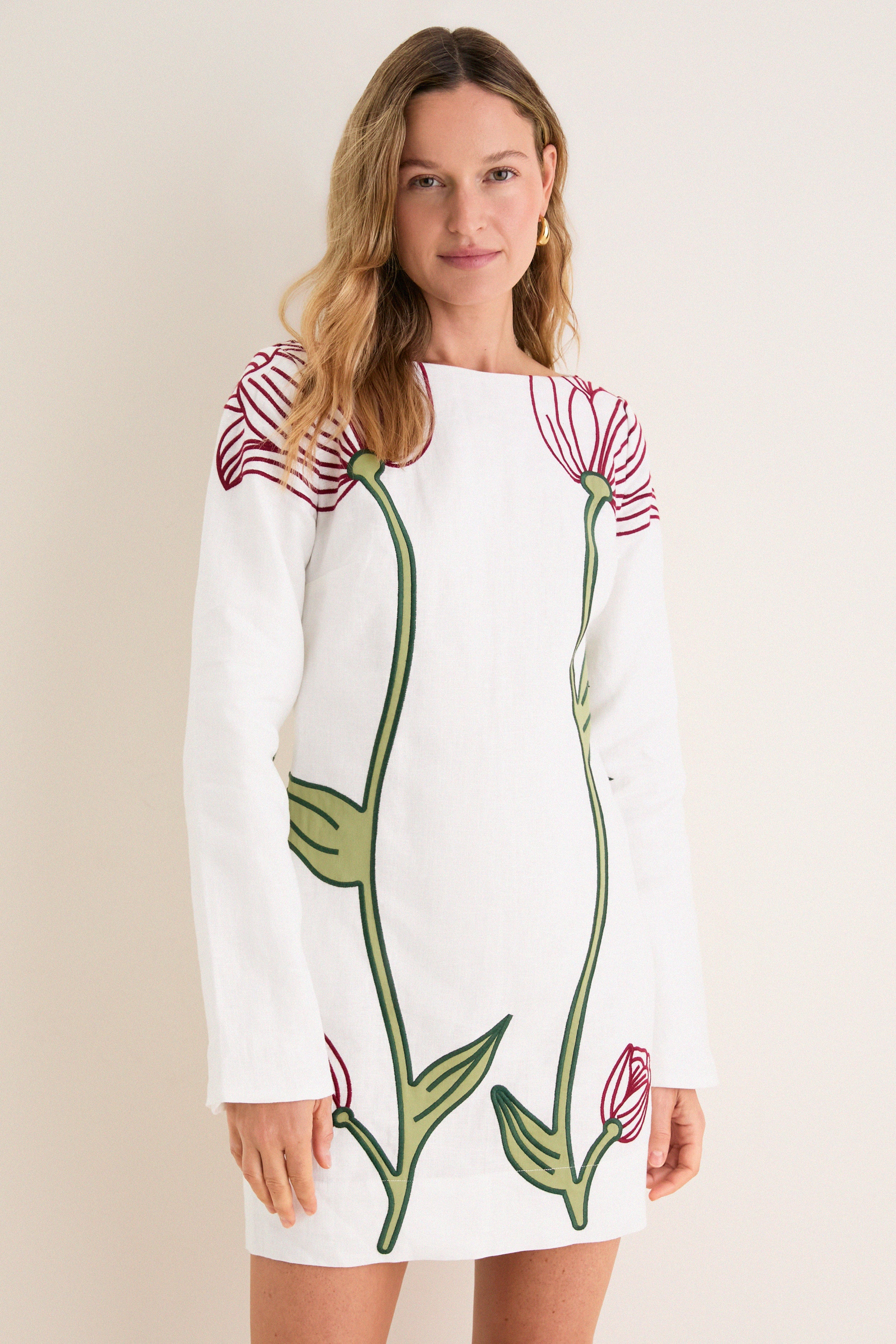 Farm Rio Women's Long Sleeve Mini Dress - Ivory/Cream - Size XS