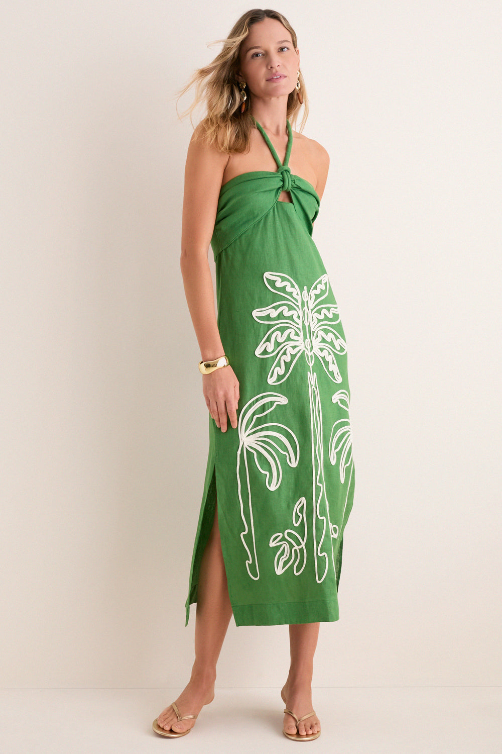 Farm Rio Green Palm Tree Embroidery Midi Dress Green / XL Farm Rio Green Palm Tree Embroidery Midi Dress Green / XL