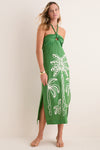 Green Palm Tree Embroidery Midi Dress