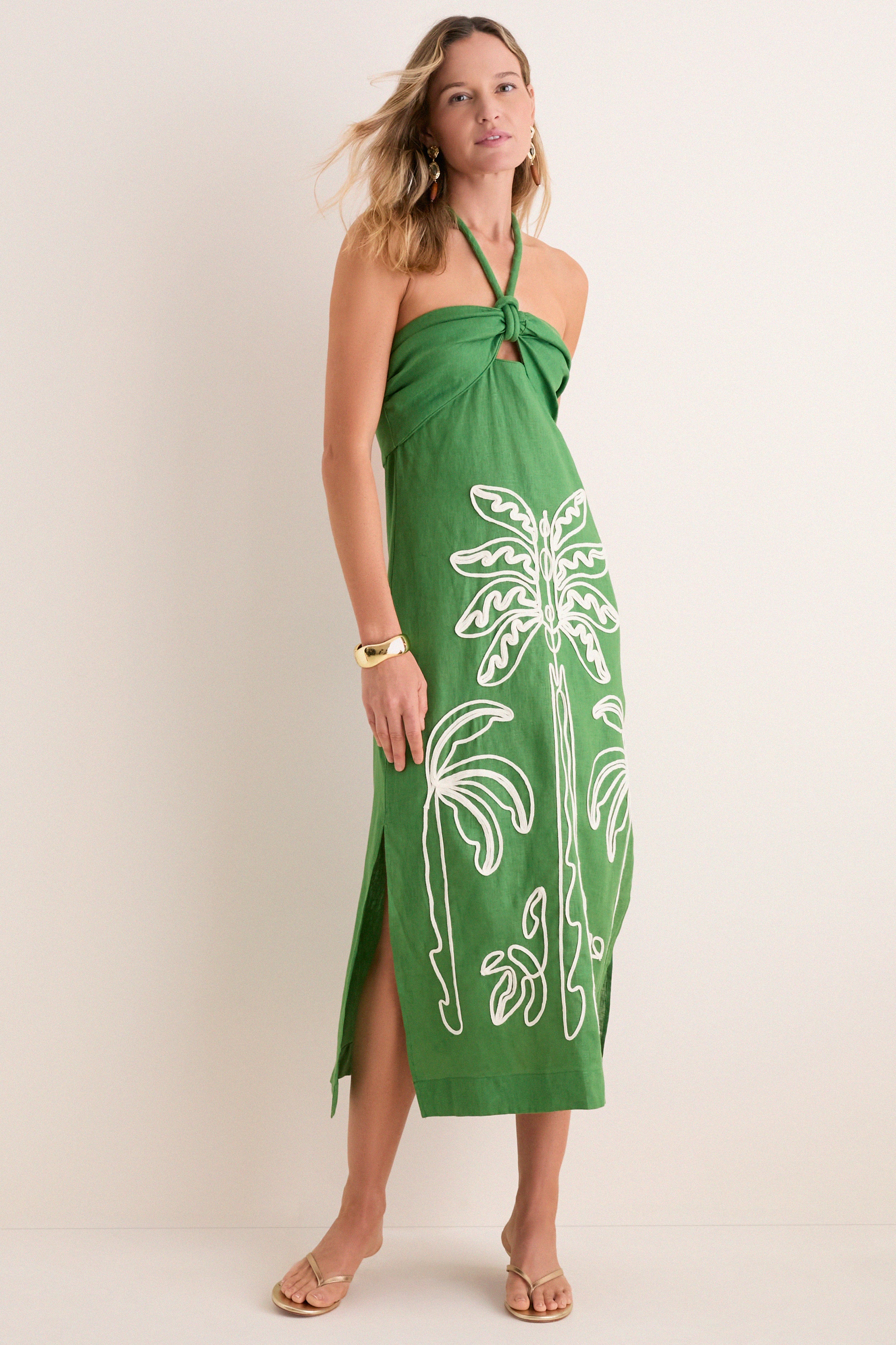 Green Palm Tree Embroidery Midi Dress