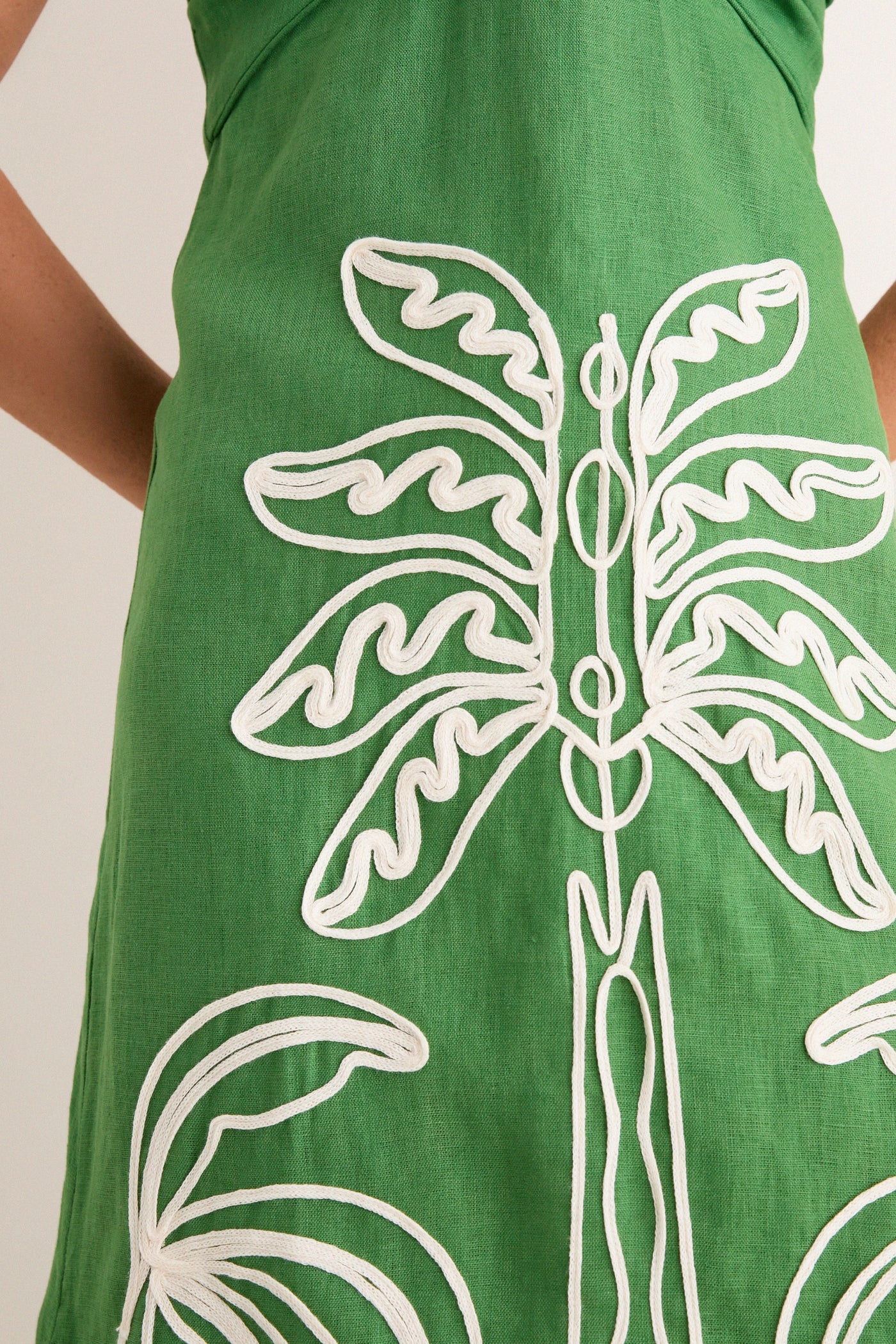 green embroidered trees organic cotton midi dress Green Palm Tree Embroidered Midi Dress