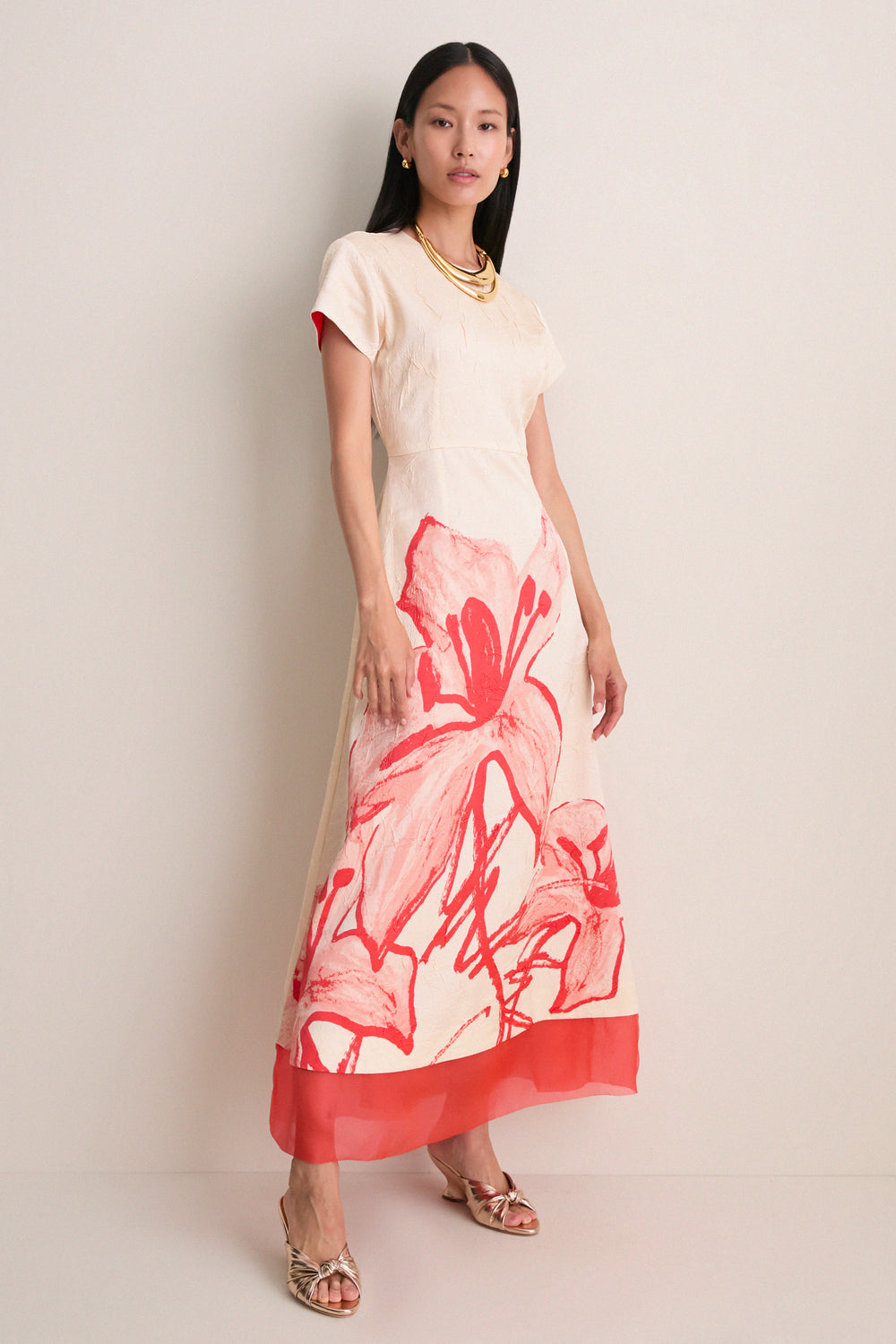 Ecru and Coral Red Ayrin Dress