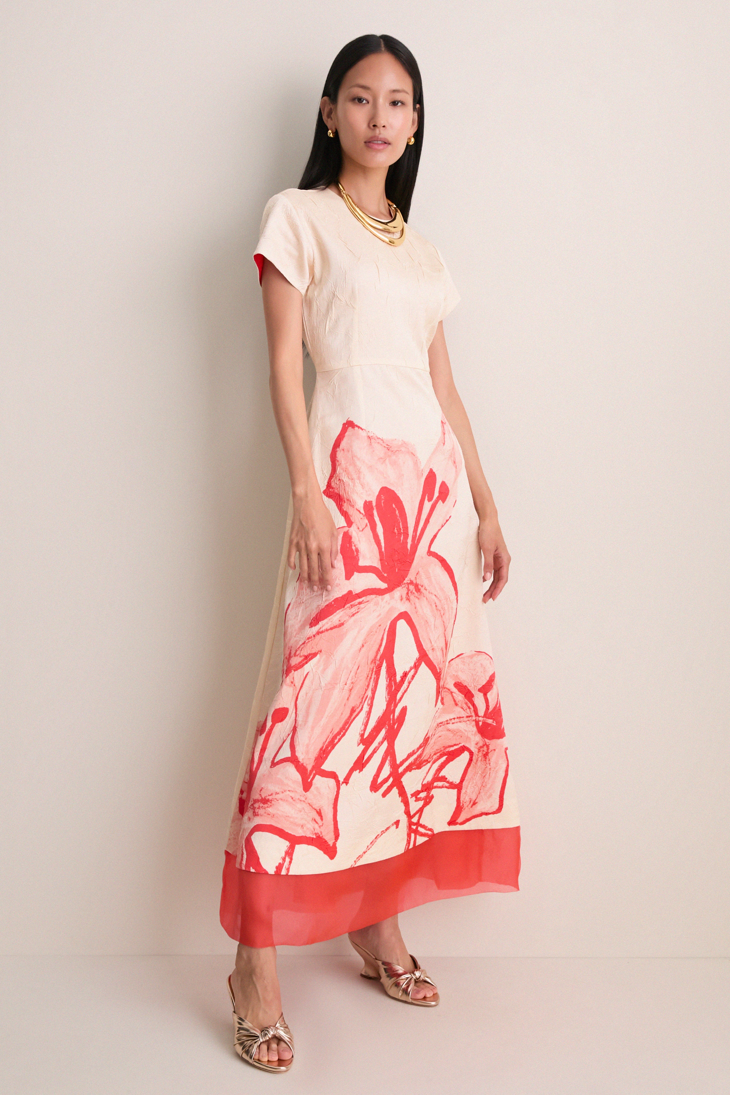 Ecru and Coral Red Ayrin Dress