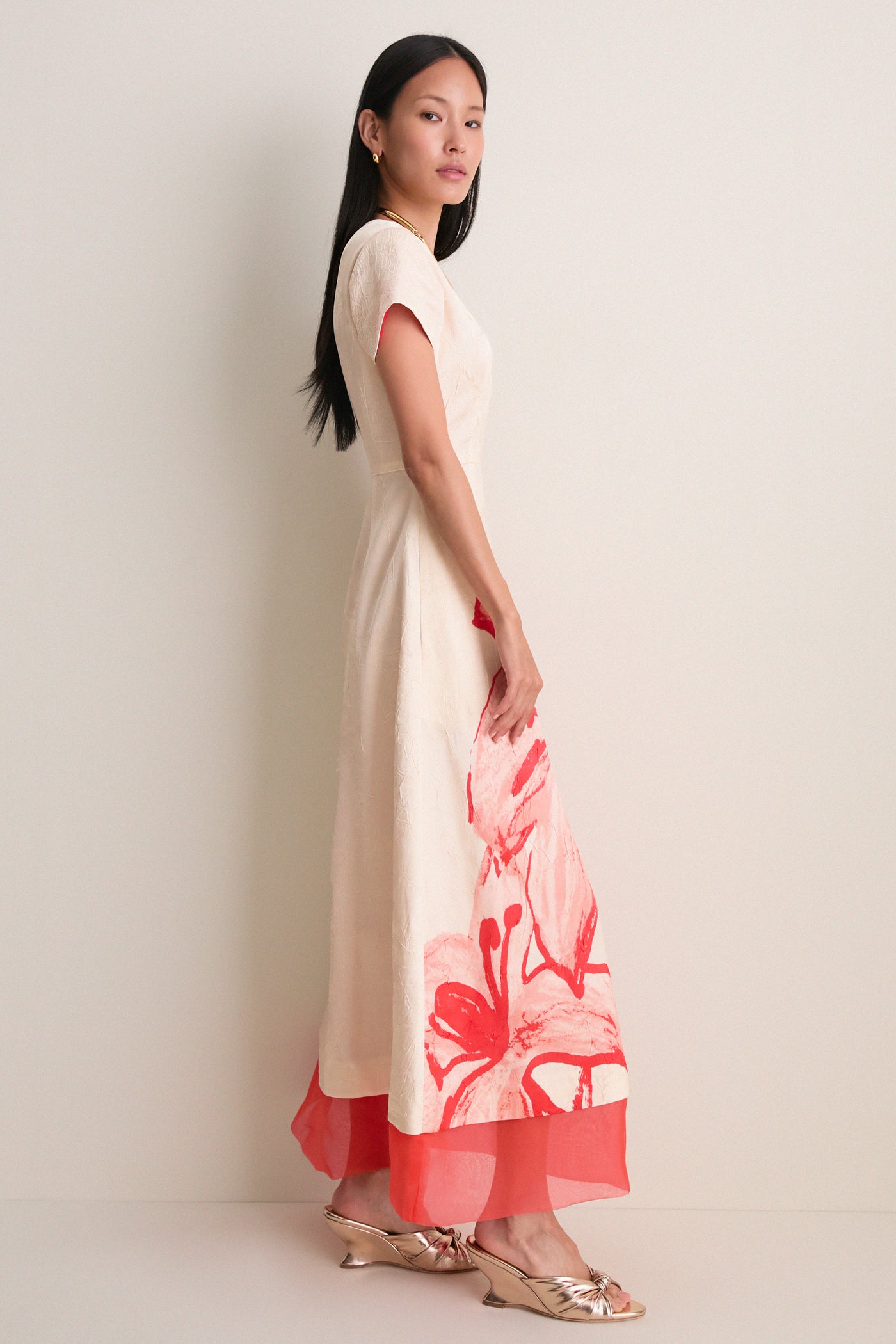 Ecru and Coral Red Ayrin Dress
