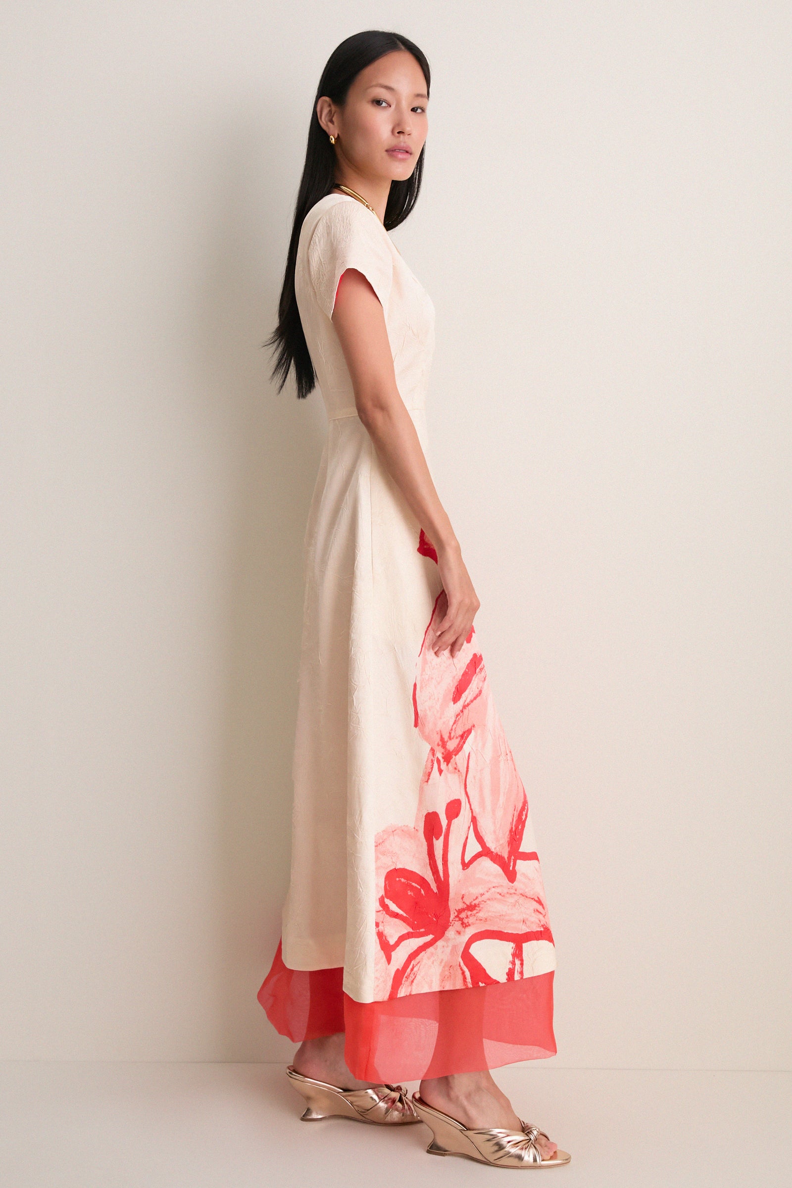 Ecru and Coral Red Ayrin Dress