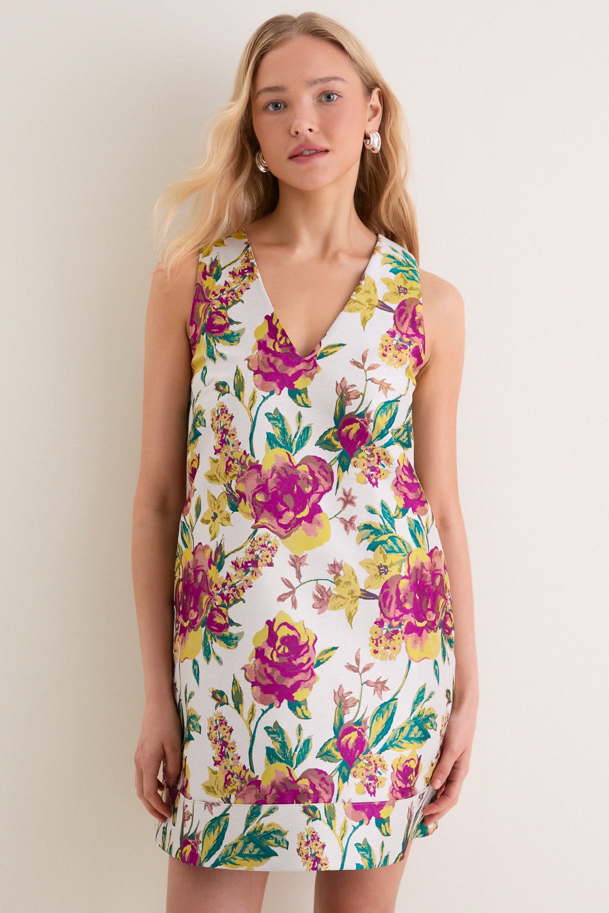 Exclusive Magenta Floral Brocade Mini Dress