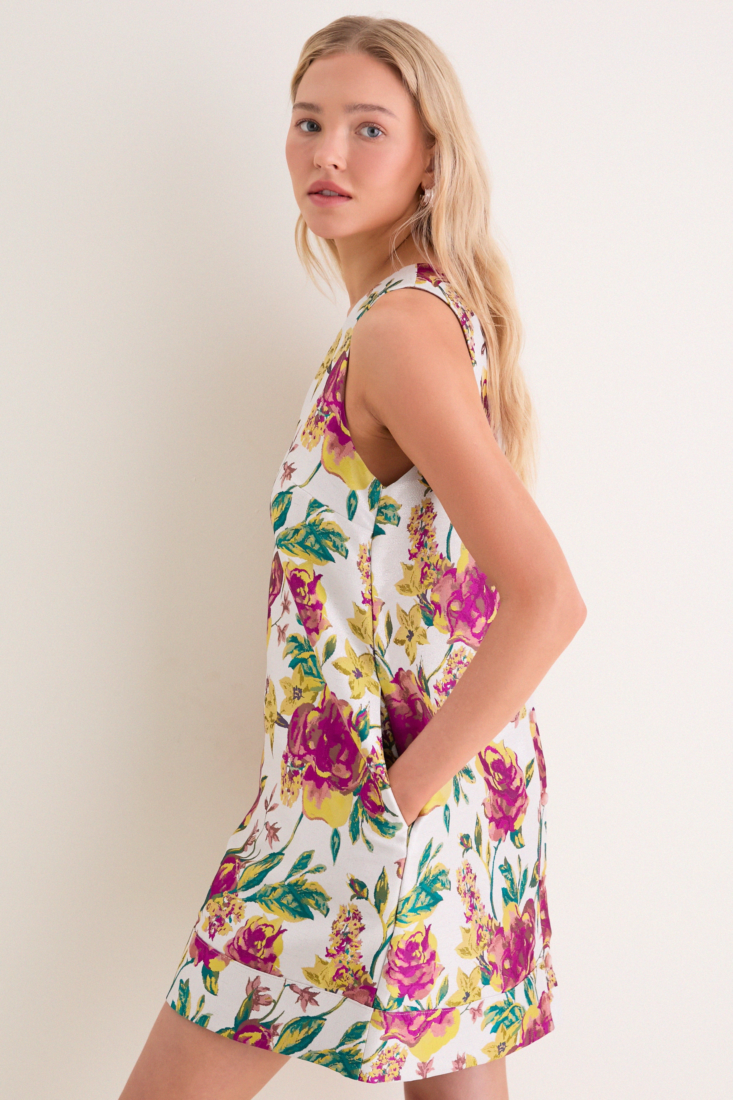Exclusive Magenta Floral Brocade Mini Dress