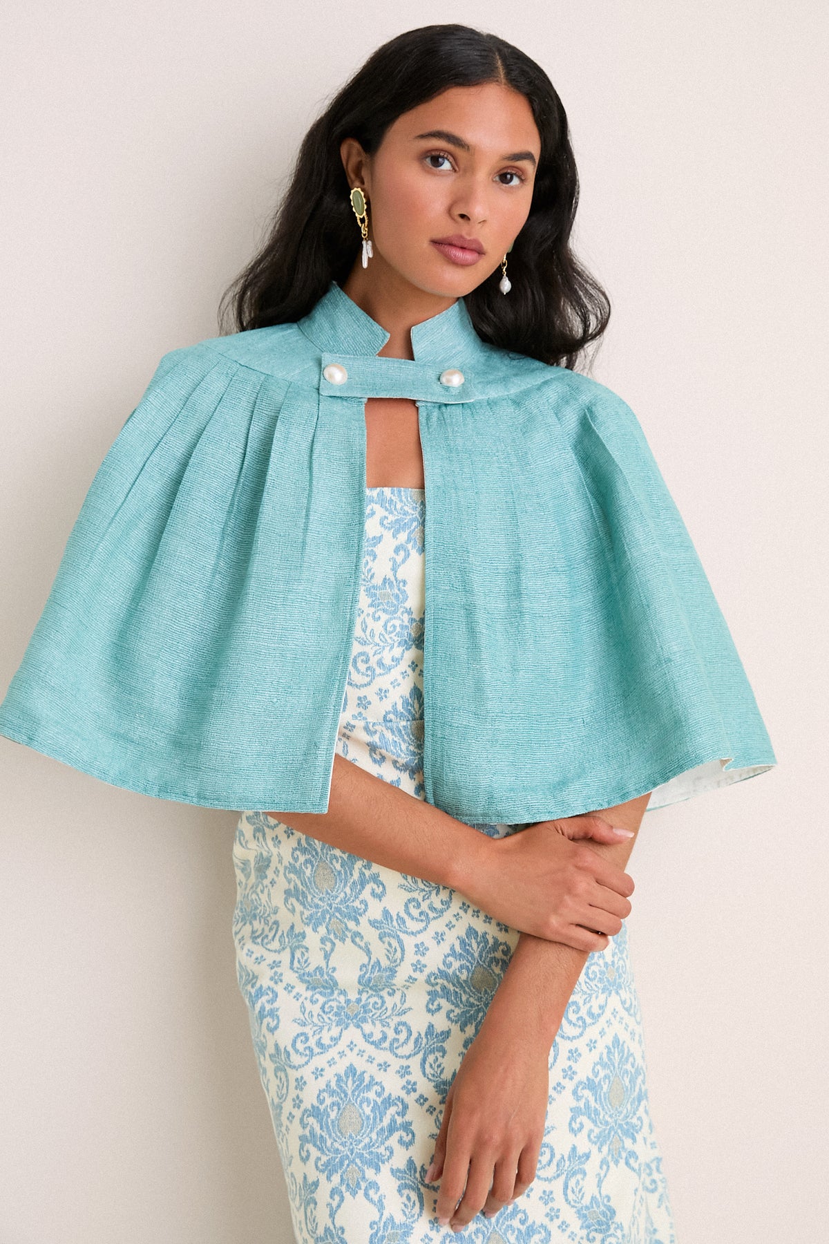 Exclusive Aqua Silk and Ivory Faille Reversible Cape