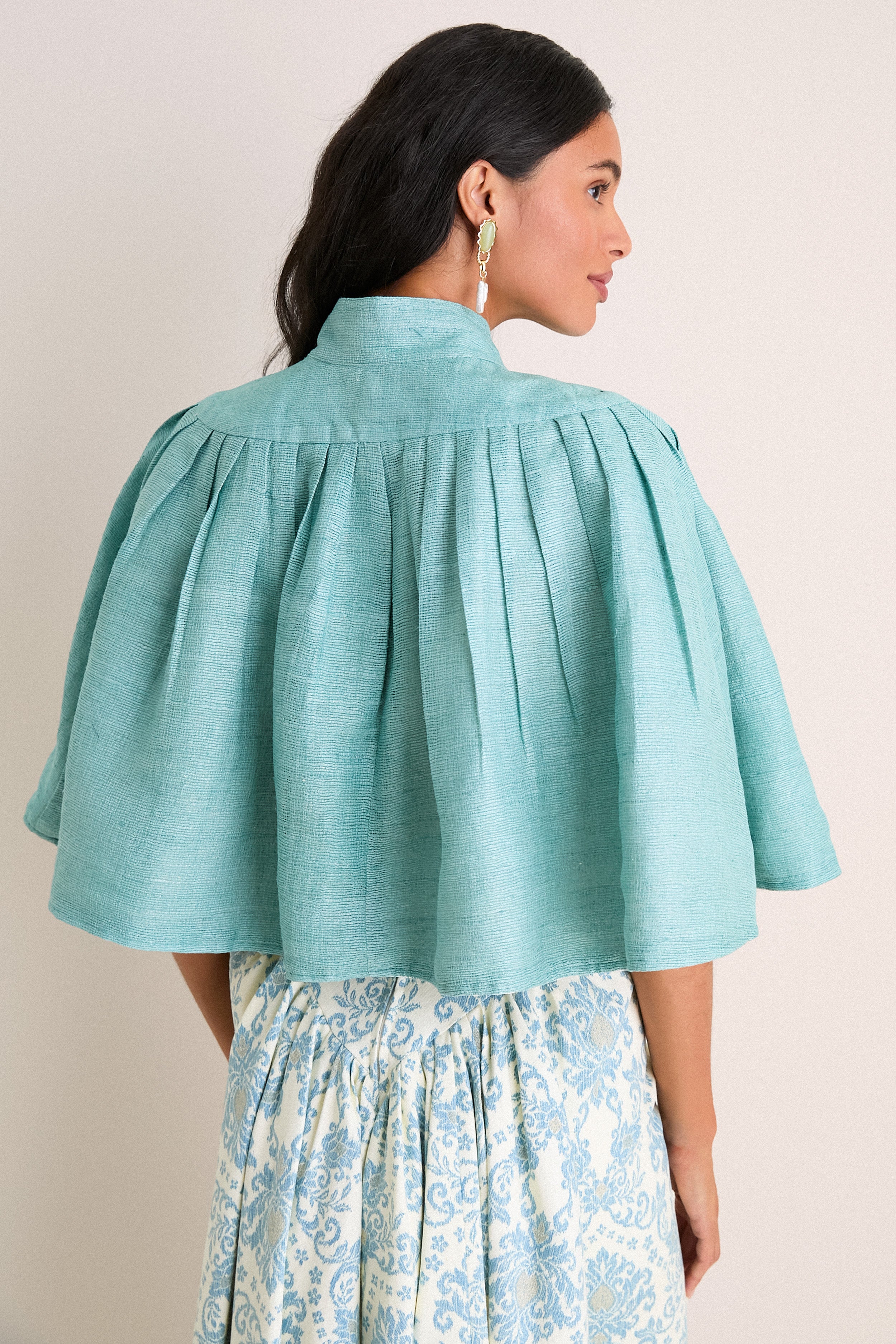 Exclusive Aqua Silk and Ivory Faille Reversible Cape