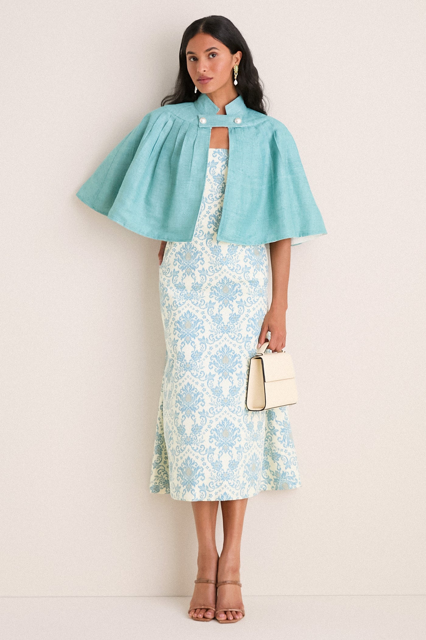 Exclusive Aqua Silk and Ivory Faille Reversible Cape