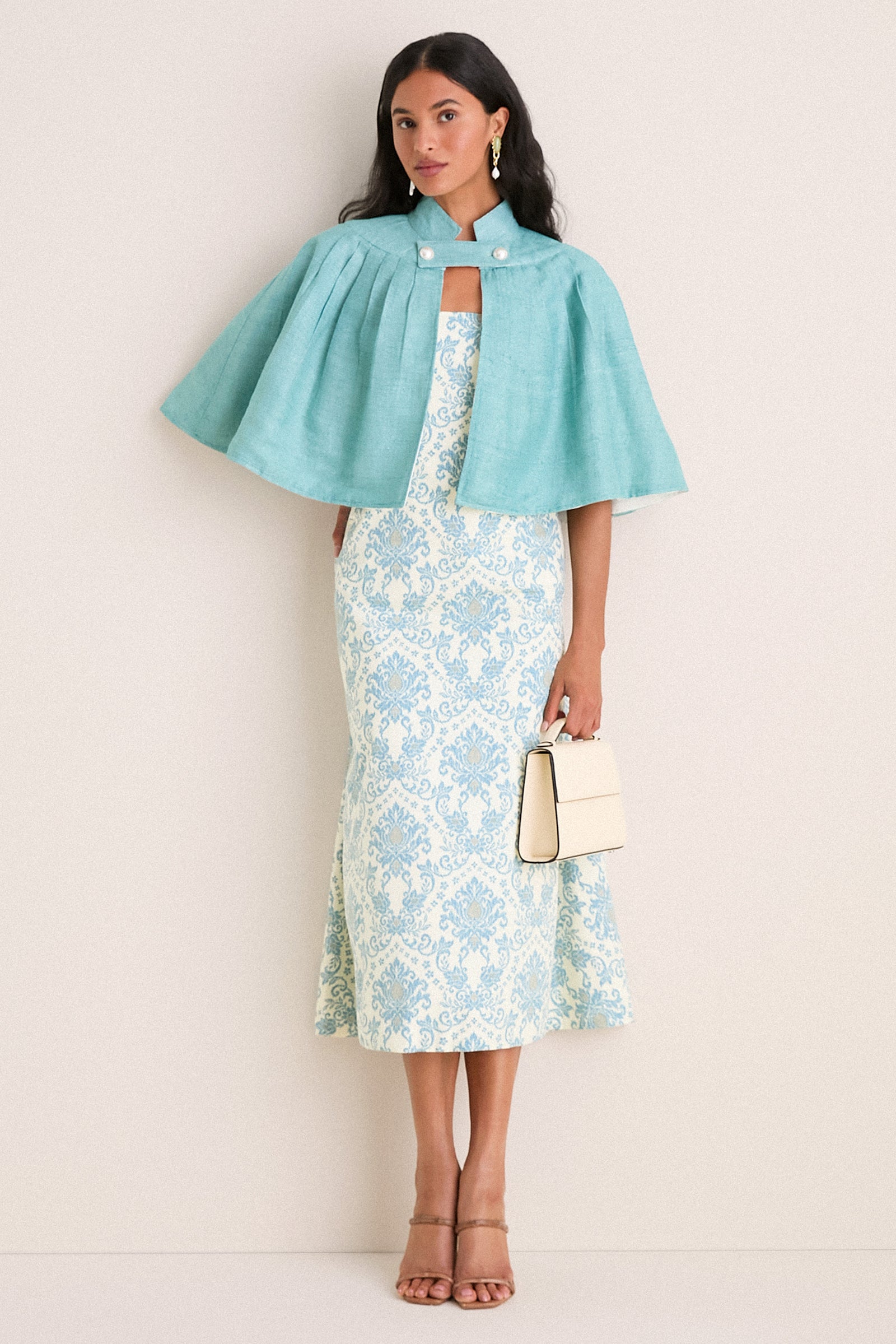 Exclusive Aqua Silk and Ivory Faille Reversible Cape